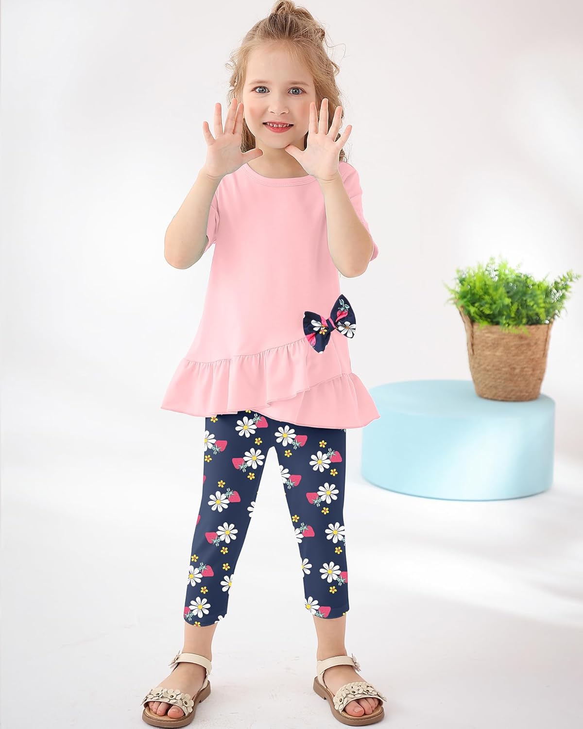 Toddler Girl Clothes 2-8Years Girls Outfit, Short Sleeve Ruffle Bowknot Top+Floral Capri Pants 2Pcs Spring Summer Set - Image 2