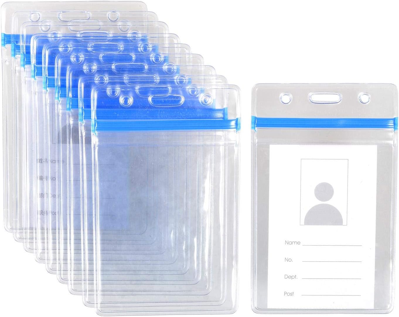 KEYLION 10 Pack Heavy Duty Vertical ID Card Badge Holder with Blue Resealable Zip, Waterproof Type, Extra Thick Clear PVC,