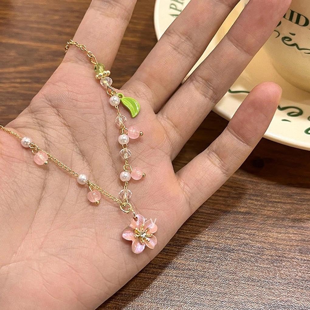Cherry Blossom Necklace,Small Peach Flower Pendant Pearl Necklaces,Dainty Floral Tassel Necklace for Women - Image 5