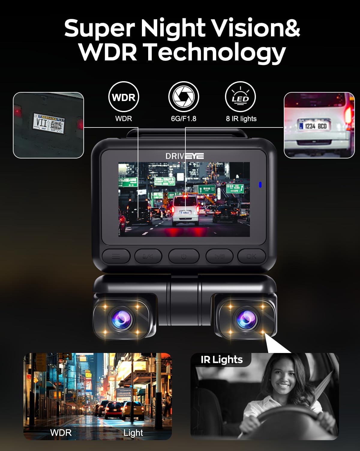 Dash cam screen showing a night view with WDR, 6G/F1.8 lens, and 8 IR lights, with examples of clear license plate capture and improved visibility in low light conditions.