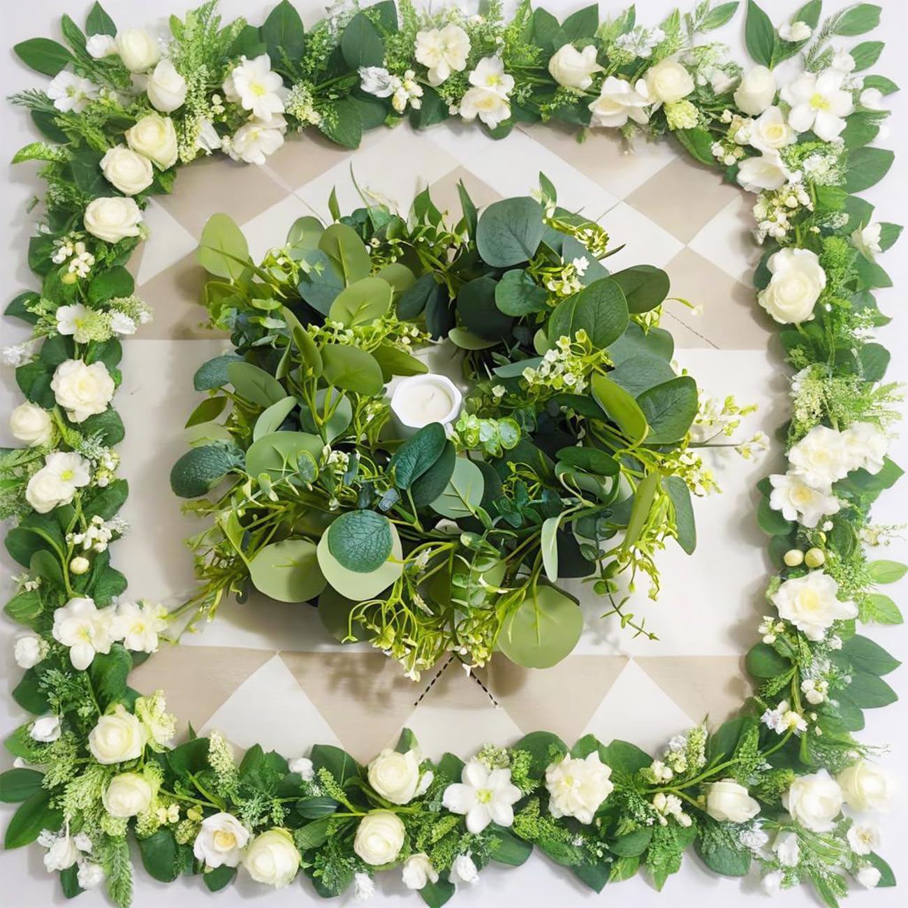 2 Pack Artificial Eucalyptus Garland - 5.9ft Faux Silk Greenery with Silver Dollar Leaves & Blossoms, All-Season Indoor/Outdoor Vine Greenery Garland for Weddings, Walls, Tables, DIY Spring Decor (2)