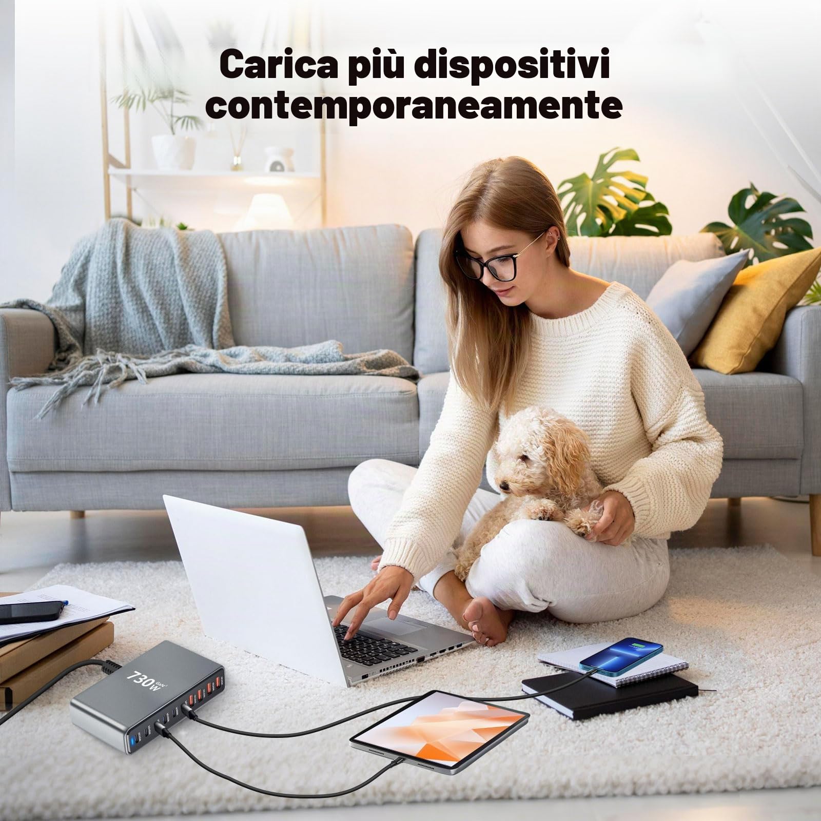 730W Caricatore USB Multiplo - 10 Porte (6 USB-C + 4 USB-A) con Ricarica Rapida, Stazione di Ricarica Compatta per Multi Dispositivi, Compatibile con MacBook, iPad, iPhone 16/15/14, Galaxy S22/S20