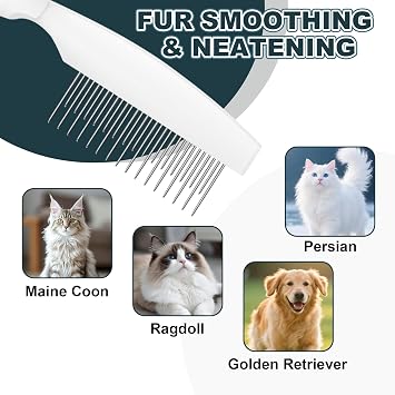 Cat Grooming Comb, Stainless Steel Dual-Length Teeth, Silicone Handle