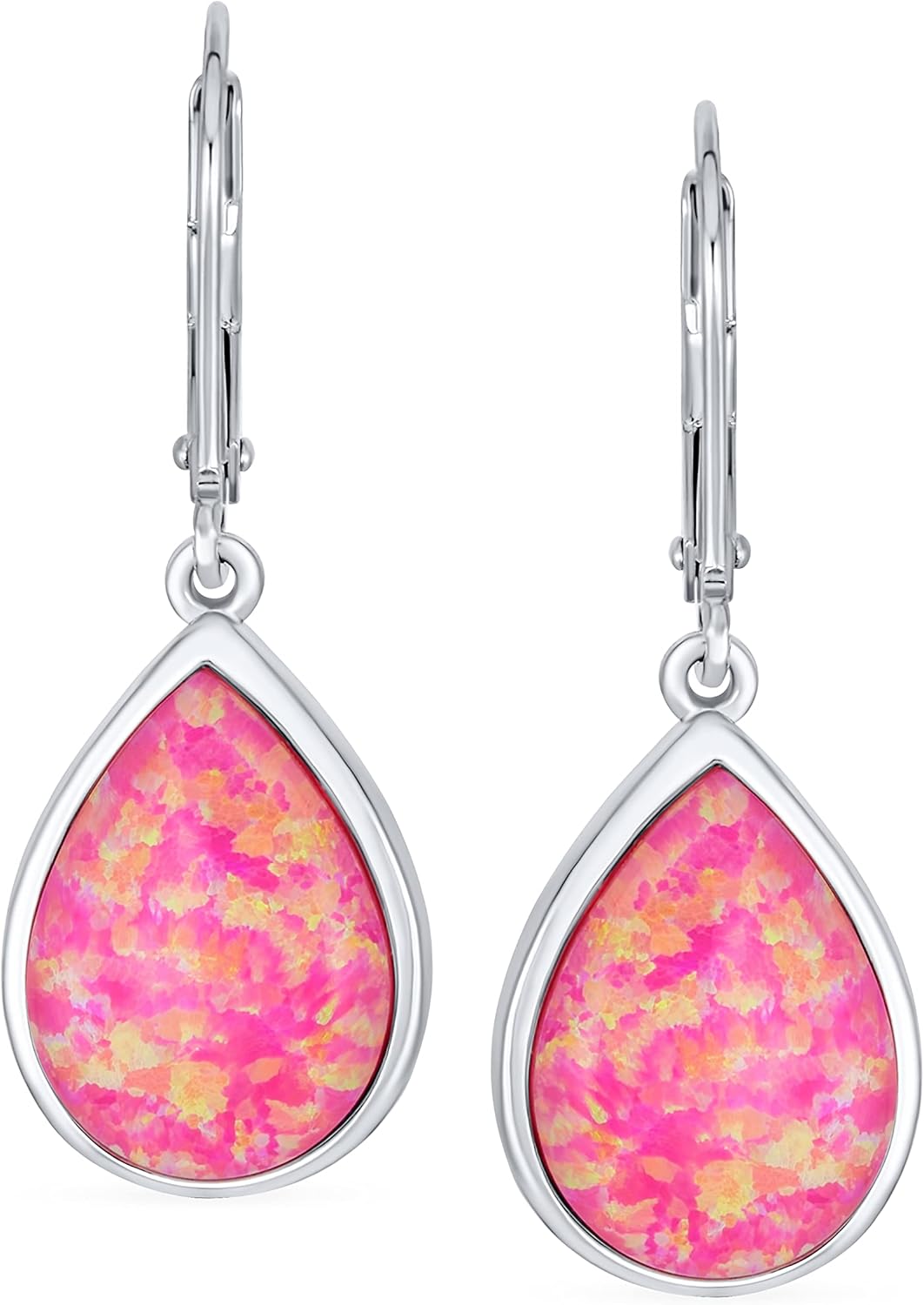 Gemstone Pink Created Opal Pear Shaped Simple Teardrop Dangle Earrings For Women Teen .925 Sterling Silver Lever back