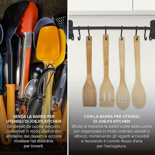 Joeji's Kitchen Porta utensili da cucina adesivo nero - 40 cm - 8 ganci - Organizzatori e portautensili o portautensili per cucina, bagno o garage - 4