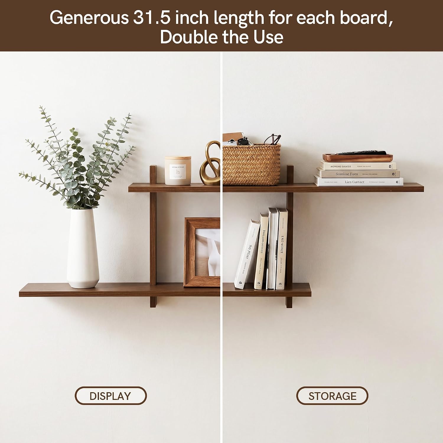 Afuly Long Floating Shelves for Wall, 2 Tier Adjustable Wall Shelves, 32 Inch Wood Walnut wall Mounted Shelf for Living Room Bedroom Decorative Storage wall Decor