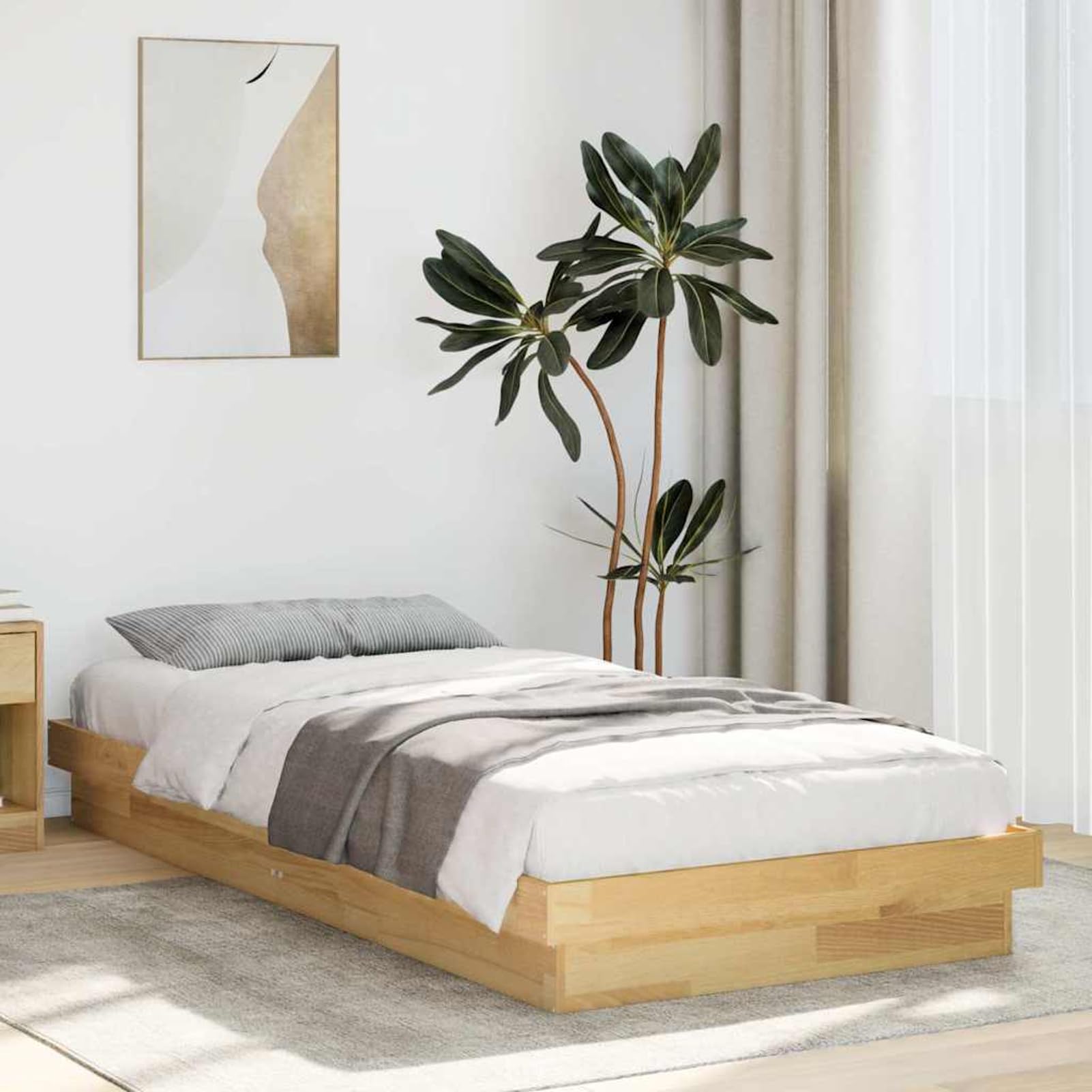 WGYHOME Łóżko z litego drewna, 75 x 190 cm, naturalne drewno dębowe – niskie łóżko podłogowe ze zintegrowanym stelażem do sypialni