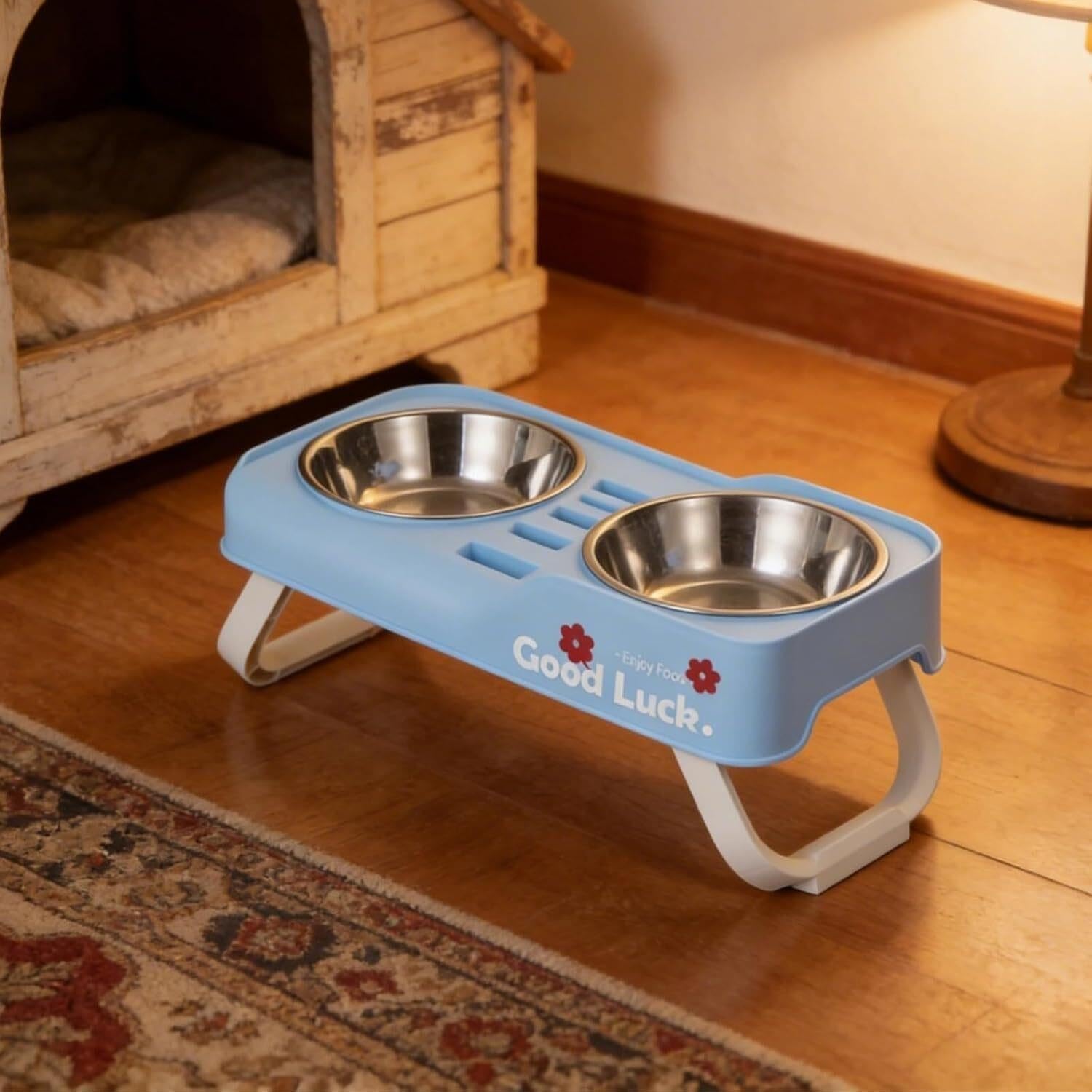 Gamelles surélevées Bleues for Chat, gamelles inclinées en Acier Inoxydable for soulager Les Moustaches, réglables sur 3 hauteurs, Double mangeoire surélevée Pliable, for Petits Chats et Chiens