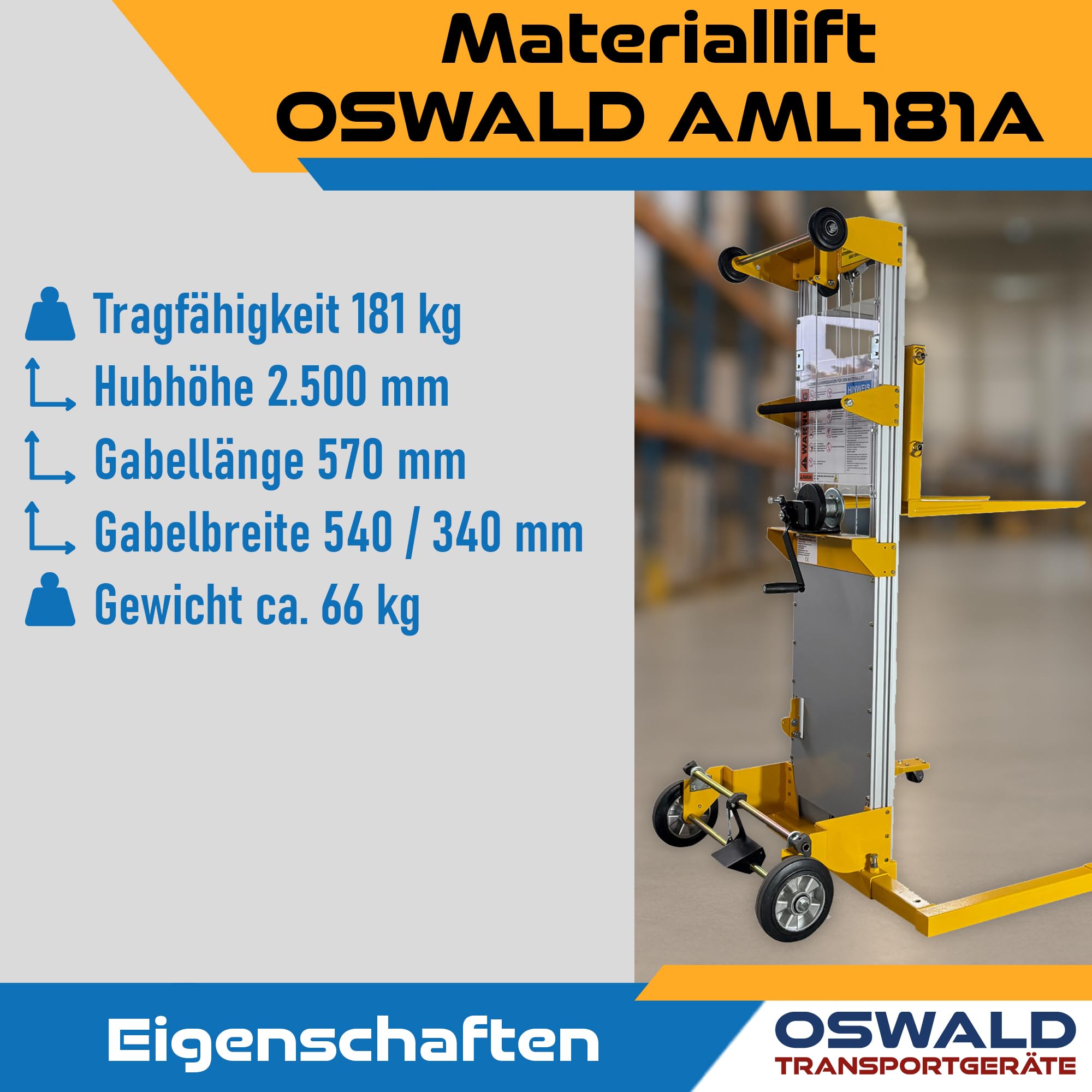 Materiallift AML181A verstellbare Ausleger - 181 kg Tragkraft - 2.500 mm Hubhöhe - Handstapler