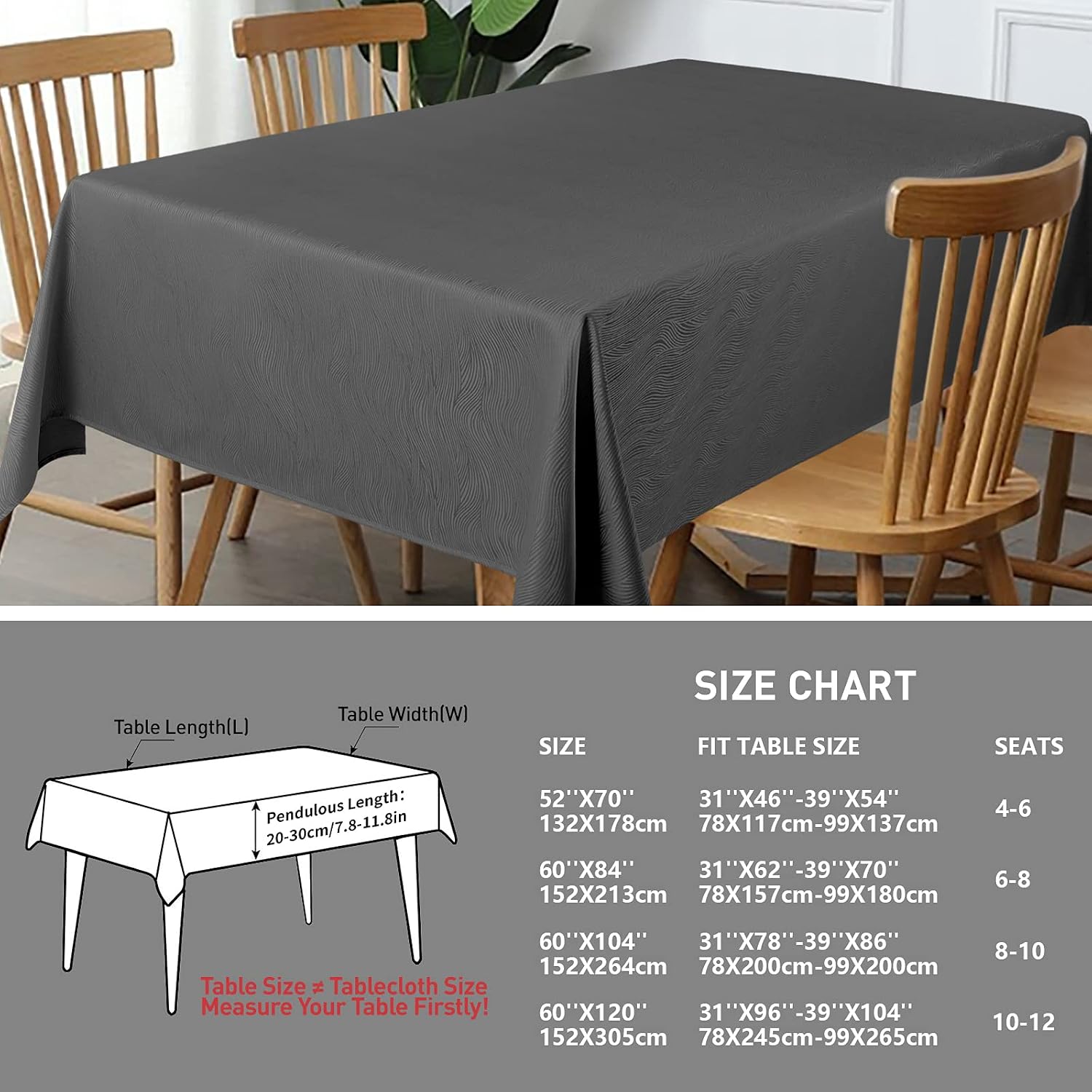 Swirl Pattern Table Cloth, Rectangle Tablecloth with Waterproof Wrinkle Free Oil Resistant Fabric, Washable 200GSM Polyester Table Cover for Dining, Party, Buffet, Wedding (60x120 inch, Dark Gray)