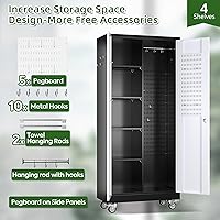 Vista 4 de Armario de almacenamiento de escoba con ruedas, 5 tableros de clavijas y 13 ganchos, armario de almacenamiento de metal con puertas y 4 estantes