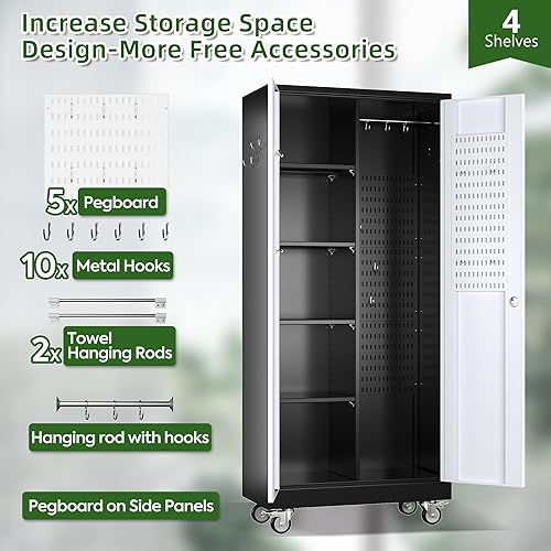 Miniatura 4 de Armario de almacenamiento de escoba con ruedas, 5 tableros de clavijas y 13 ganchos, armario de almacenamiento de metal con puertas y 4 estantes