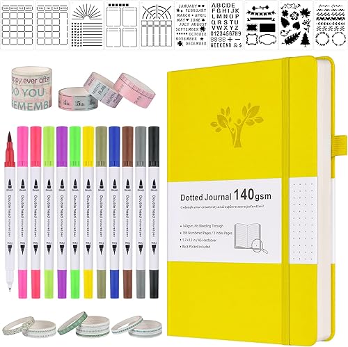 Miniatura 7 de Kit de diario de puntos con viñetas de 4.94 ozm, juego de diario de cuadrícula de puntos A5 con 188 páginas, 10 plantillas, 14 cintas Washi, 12