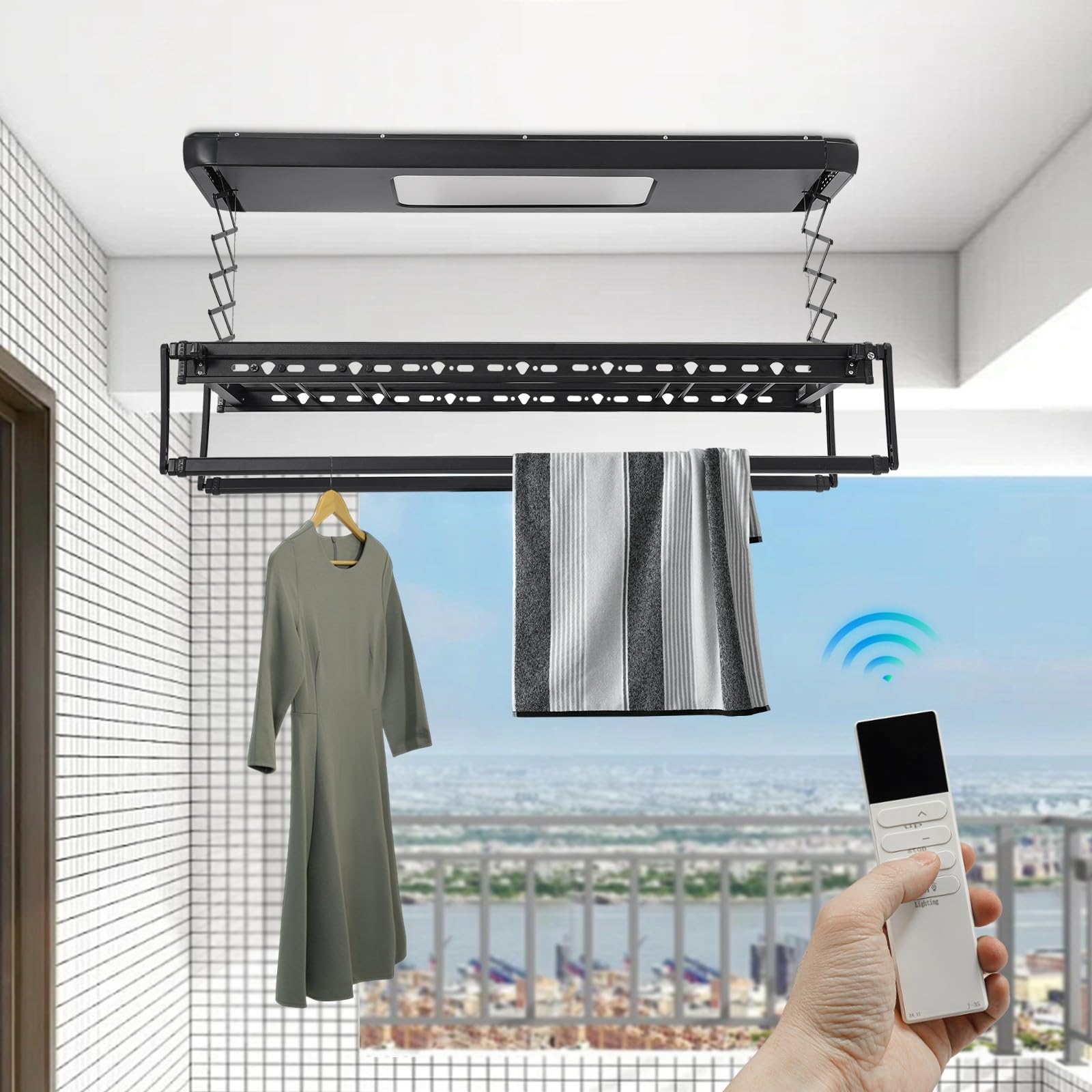 Elektrischer Wäscheständer Deckenlift Wäschetrockner, 130-215 cm ausziehbare Kleiderstange, Deckenmontage Trockner mit Fernbedienung, LED Lüftungsgitter, Smarte Wäscheleine