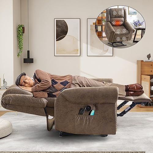 CDCASA Dual Motor Lay Flat Lift Chairs Recliners for Elderly w/Massage and Heat, Breathable Leather Infinite Position Large Sleeping Electric Power Lift Chair Recliner for Seniors, Matte Brown