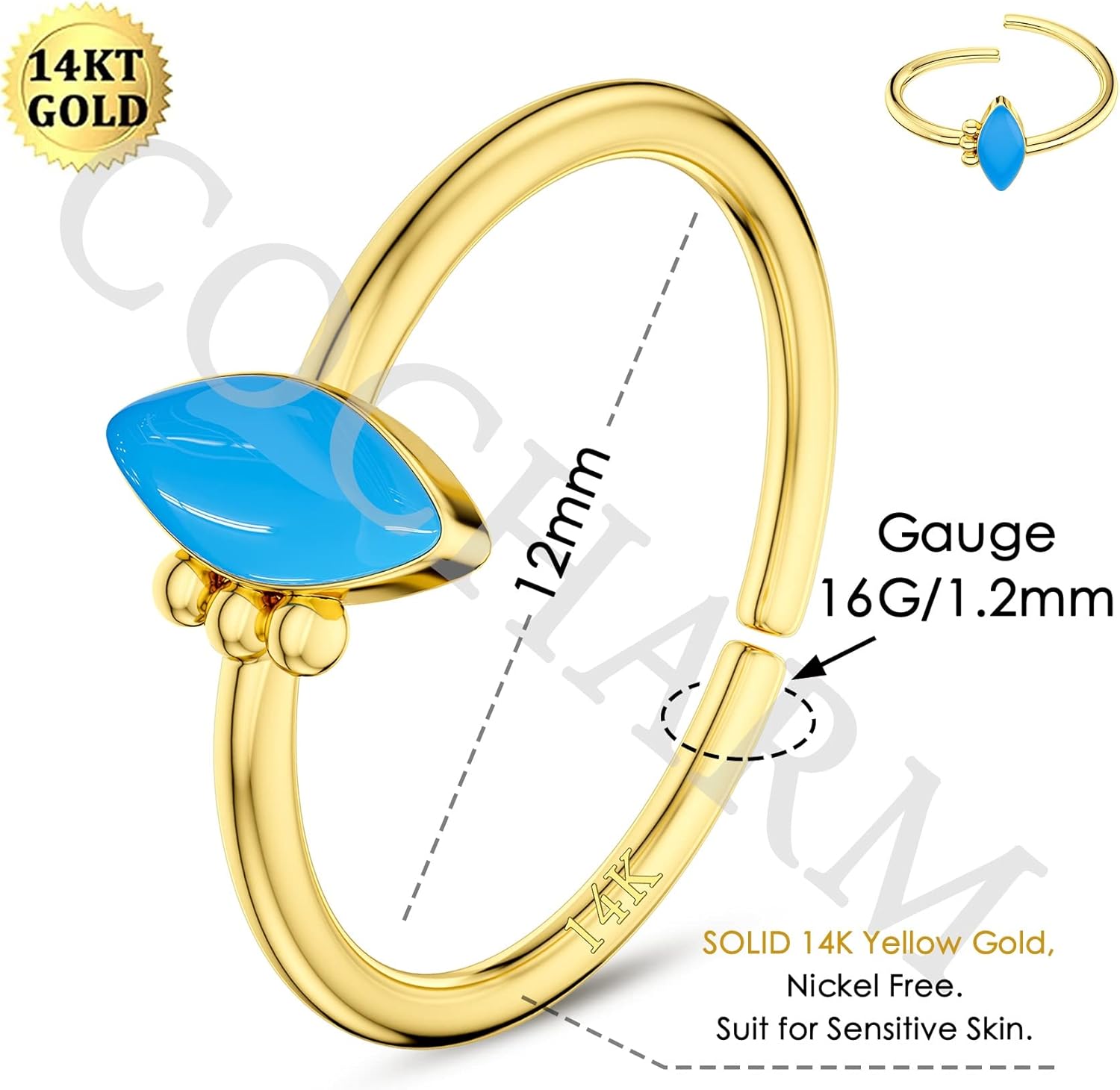 COCHARM 14K Real Gold Lip Labret Hoop 16g Double Hoop Solid Gold Daith Rook Earring 8mm/10mm/12mm 14Kt Yellow Conch Earring Hoop