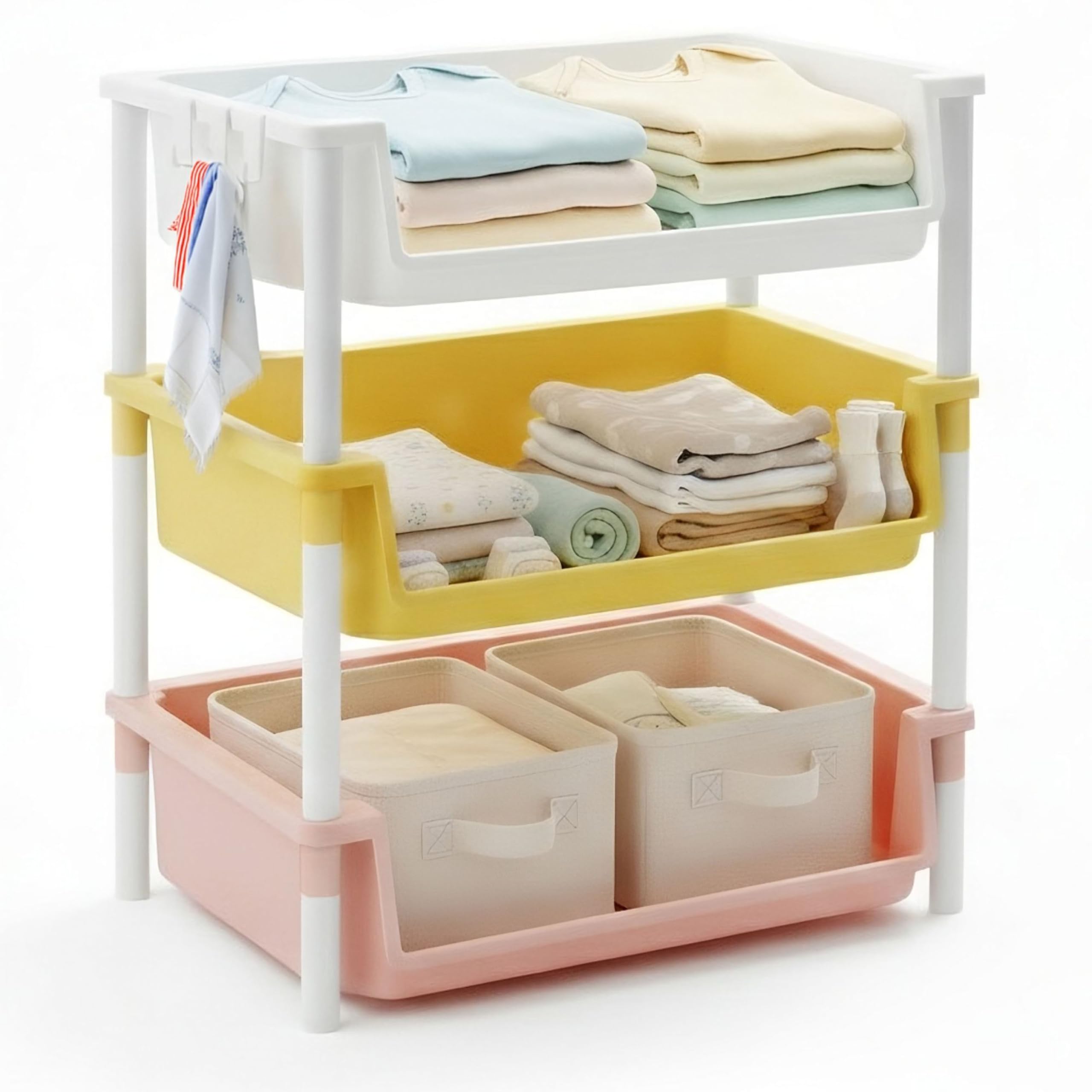 ABBAware 3-Tier Wardrobe Organiser | Storage Shelf for Clothes, Diapers, Towels | Assorted Pastel Colours Easy-Access Open Trays with Hooks