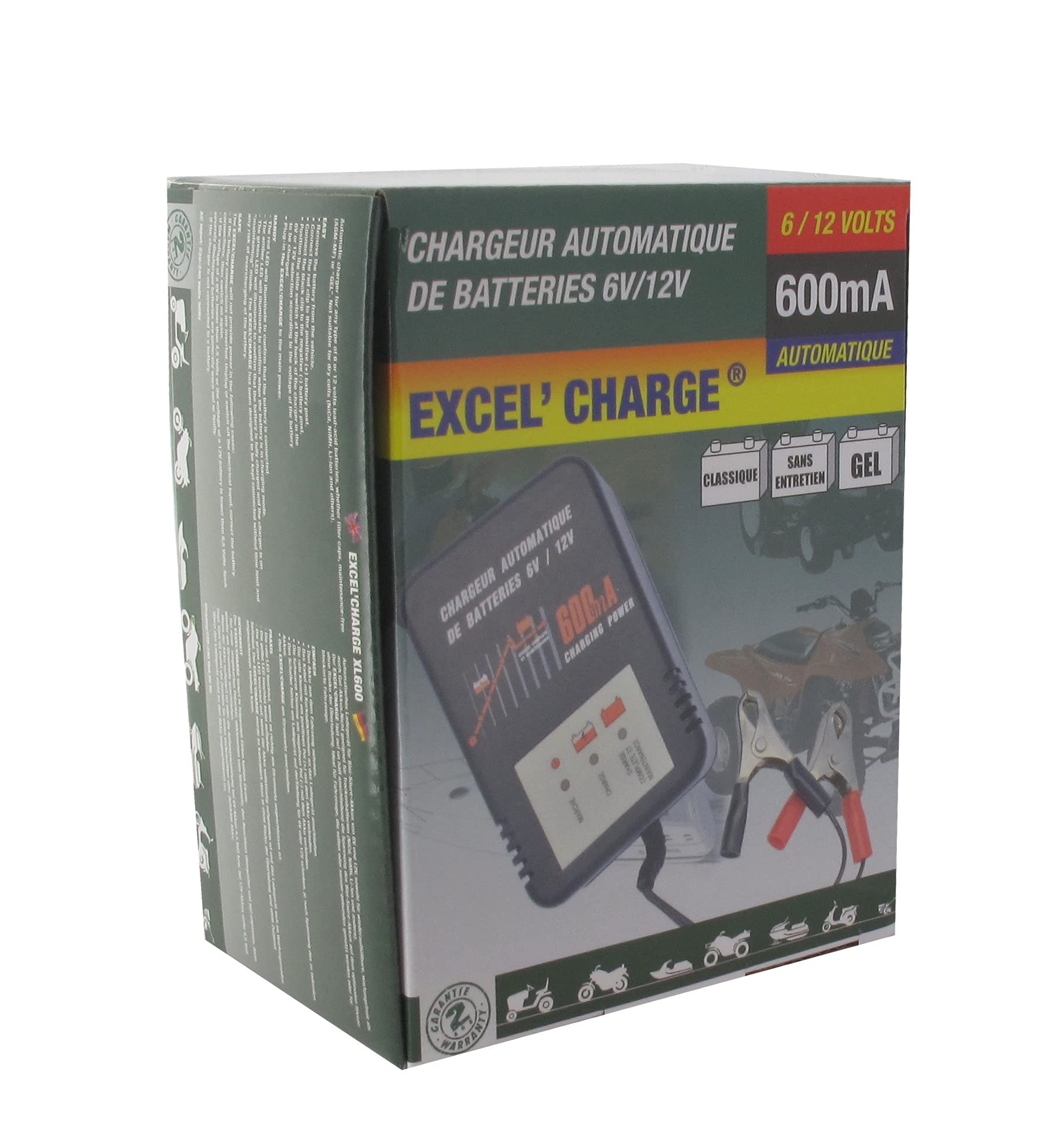 GREENSTAR - Chargeur Automatique EXCEL' CHARGE - Pour Batteries Plomb/Acide 5-32Ah 6V/12V - Avec Pinces Crocodiles - Tension Secteur 220-240V - Ampérage 0.6A - Dimensions 0.130m x 0.100m x 0.075m