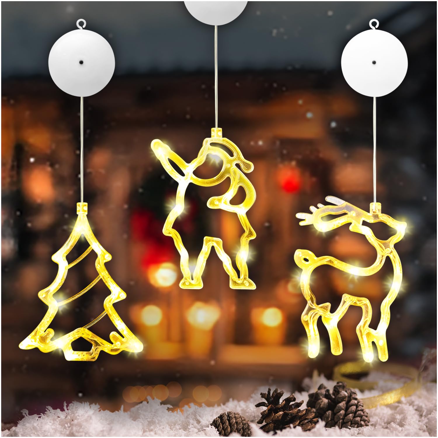 Festicy 3er Set LED Weihnachtsdeko Fenster 2026 I Fensterdeko Weihnachten Weihnachtsbaum, Weihnachtsmann, REH, mit Saugnapf I Fensterbeleuchtung Weihnachten I Beleuchtete Weihnachtsdeko Innen Fenste Beleuchtung