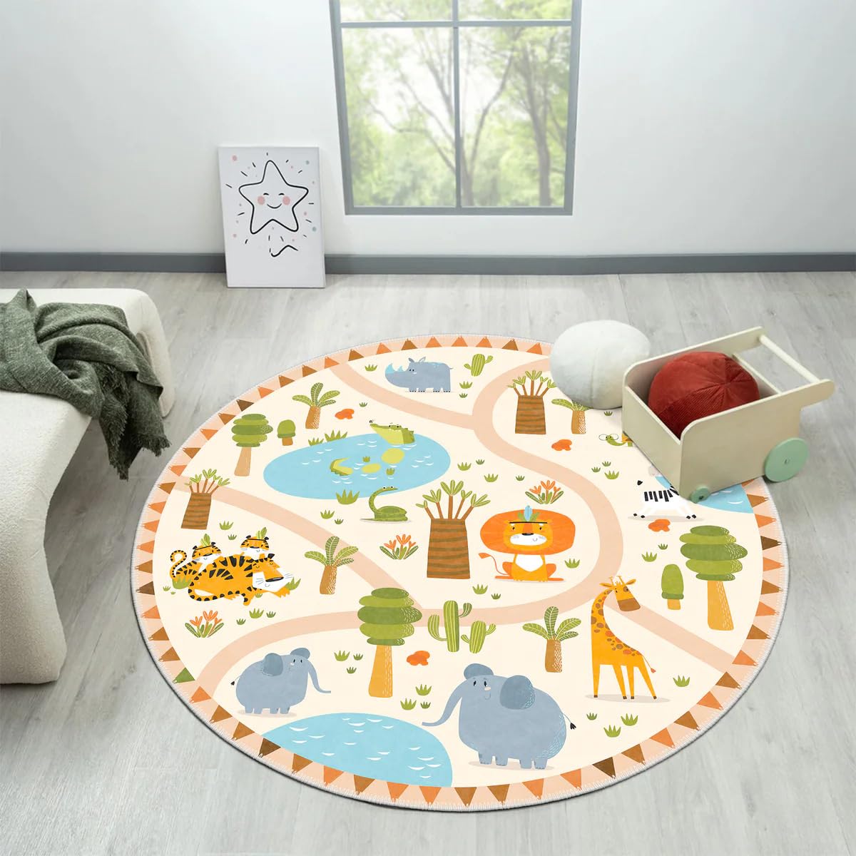 Tapis pour chambre fille et garçon YATOLA arc-en-ciel 120x120cm beige