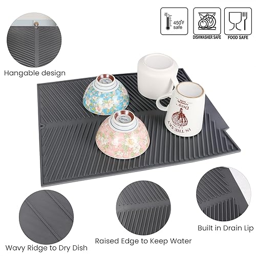 Miniatura 3 de Tapete de silicona para secar platos con borde de drenaje integrado, antideslizante, fácil de limpiar, resistente al calor, tapete escurridor de