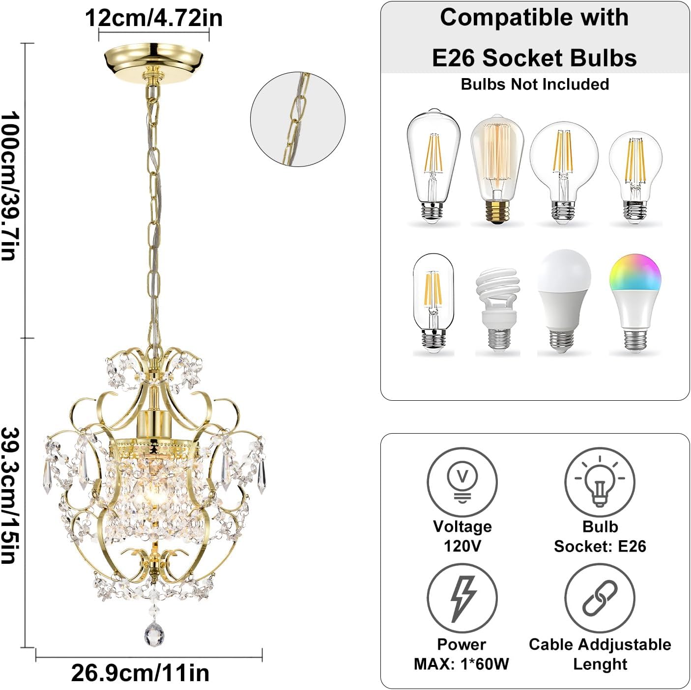 Small Crystal Chandelier for Bedroom, 90% Pre-Assembled 1 Light Gold Chandelier, Mini Acrylic Crystal Ceiling Light Fixture Charming for Girls Room, Closet, Bathroom, Entryway, Dining Room