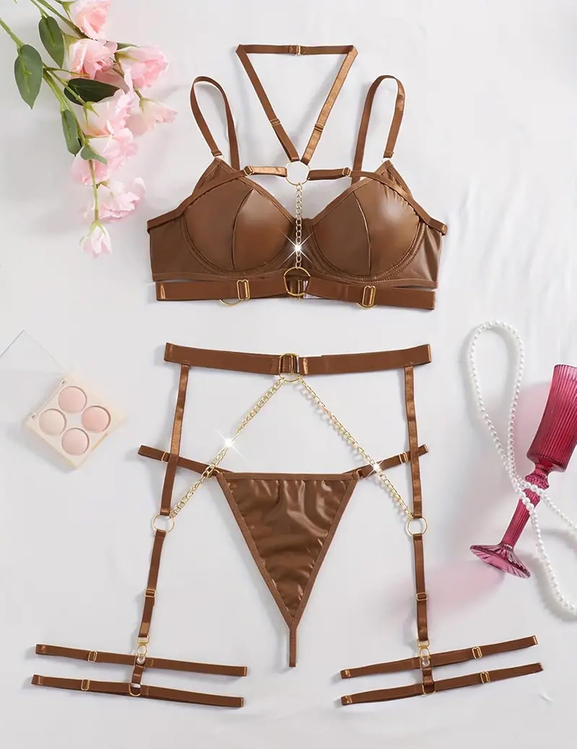 Avidlove Lingerie Set for Women Sexy Strappy 5 Piece Lingerie Garter with Underwire Push Up Bra and Chain - Image 5