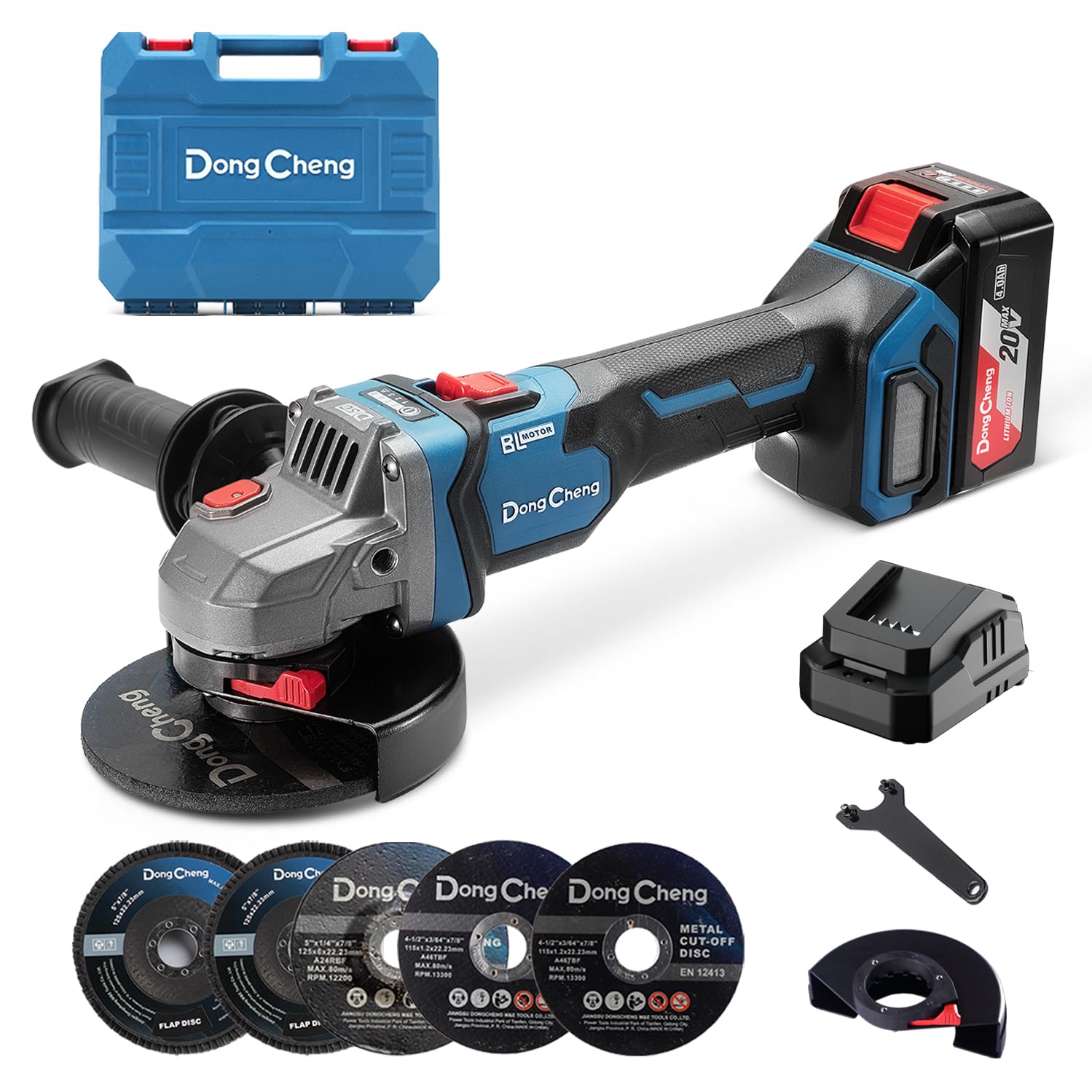 DongCheng Akku-Winkelschleifer 18V, Ø 125mm, 1000W, bürstenloser Motor, 3 Drehzahlstufen, Schnellspannschutz, Anti-Vibrationsgriff, inkl. 2 Schleif-, 2 Fächer-, 2 Trennscheiben, 4.0Ah Akku & Ladegerät