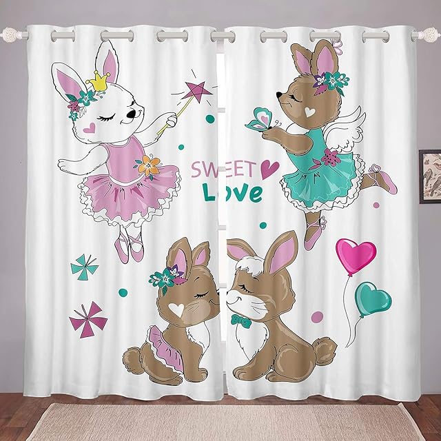 Loussiesd Rabbit Curtains for Bedroom Living Room Bunny Couple Curtains for Kids Girls Cartoon Animals Printed Windows Drapes Cute Rabbits Pattern Room Decoration,W46*L72