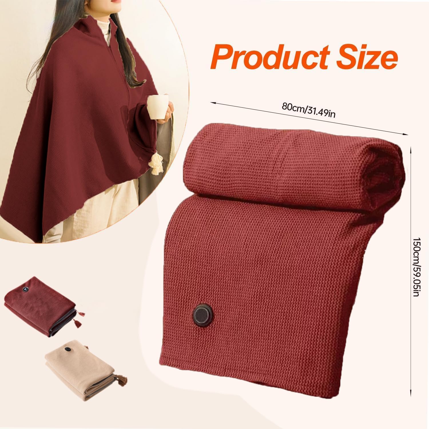 Portable Heated Shawl Wraps for Women, Portable Soft Zipper Electric Heated Blanket Shawl, Women Heated Graphene Warming Blanket (Burgundy)