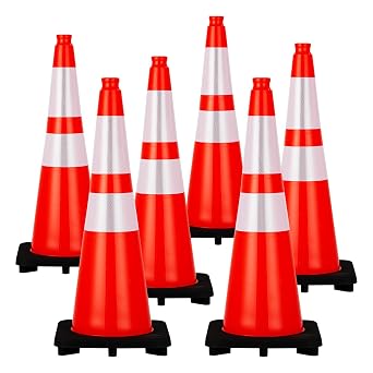Traffic Cones 28", ExploreHorizon 6 PCS Safety Cones, PVC Orange Safety Road Parking Cones with 2 Reflective Collars,Hazard Construction Cones for Home Traffic Parking