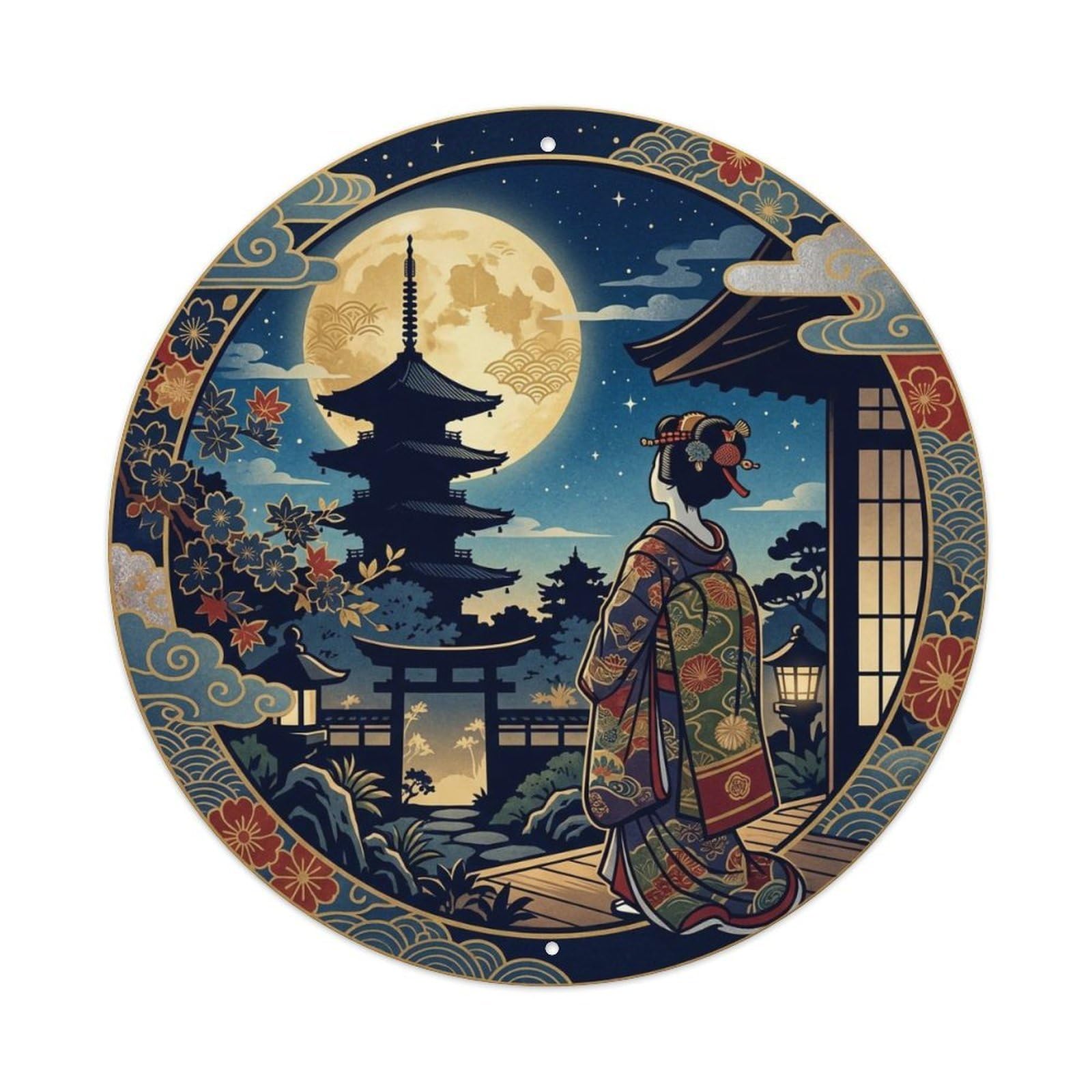 Japanese Geisha Pagoda Moonlight Night Scenery Metal Tin Sign