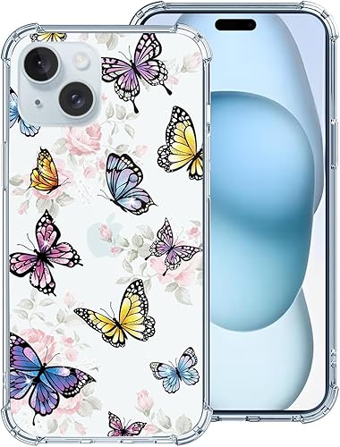 Hi Space Funda compatible con iPhone 15 Plus, patrón transparente de mariposas, flores de jardín para iPhone 15plus, funda protectora de poliuretano