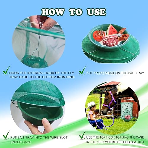 Miniatura 6 de Paquete de 8 trampas para moscas ranchas, reutilizables, con bandeja de cebo, para colgar en interiores y exteriores, jaula estable para atrapar