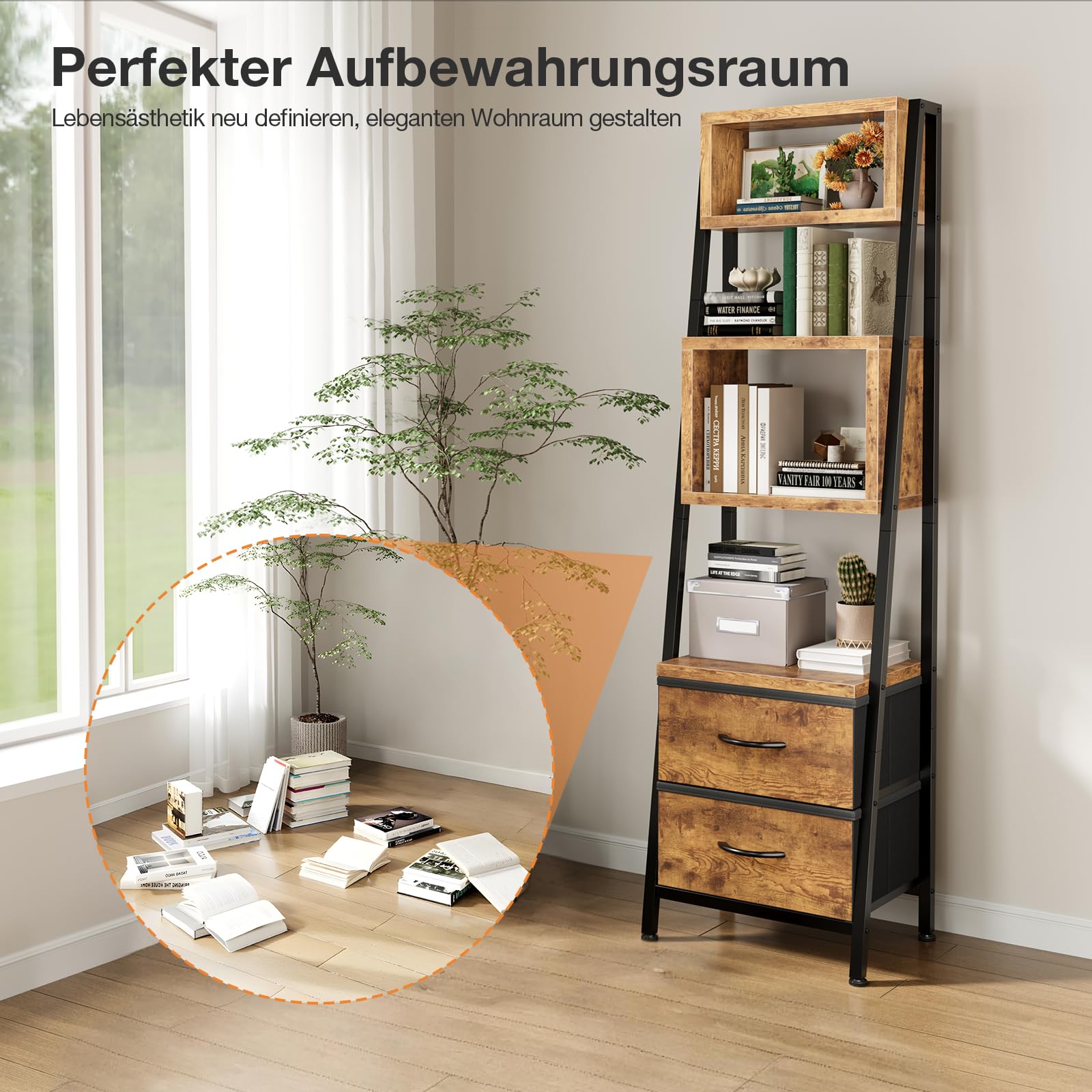 Coleshome 5-Etagen Bücherregal Schmal 2 Schubladen, Standregal, Retro