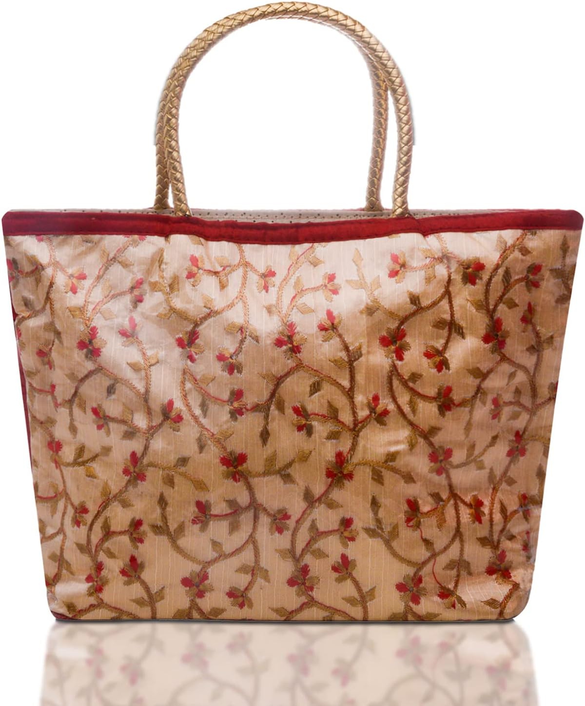 Hand Bag|PVC Laminated Floral Red Border Embroidery Purse|Traditional Indian Handmade Shoulder Bag with Golden Handle (Red)