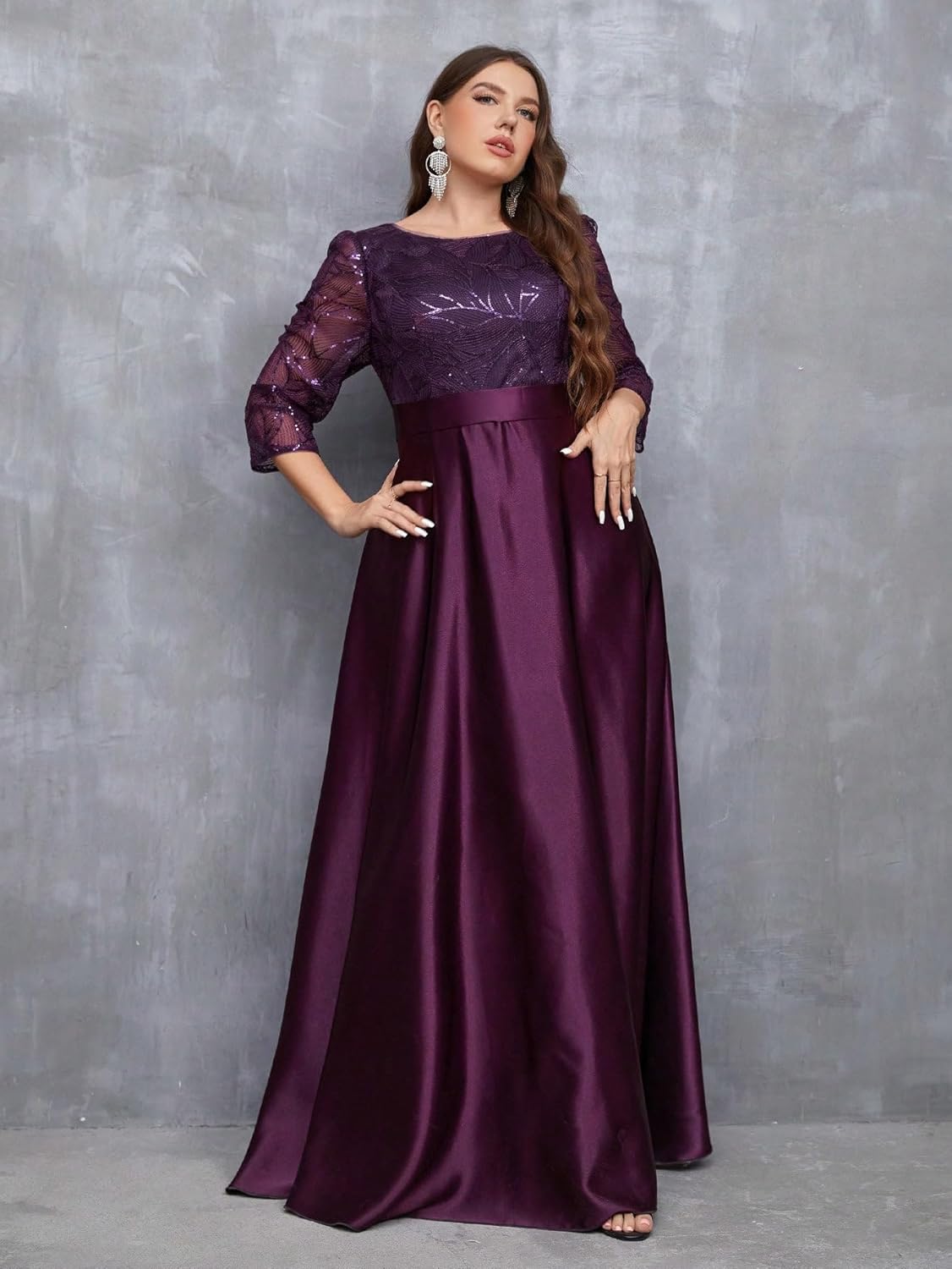 Women's Plus Size Sequin Embellished with Satin A-line Hem 3/4 Sleeves Formal Evening Gown Maxi Long Dress - Image 4