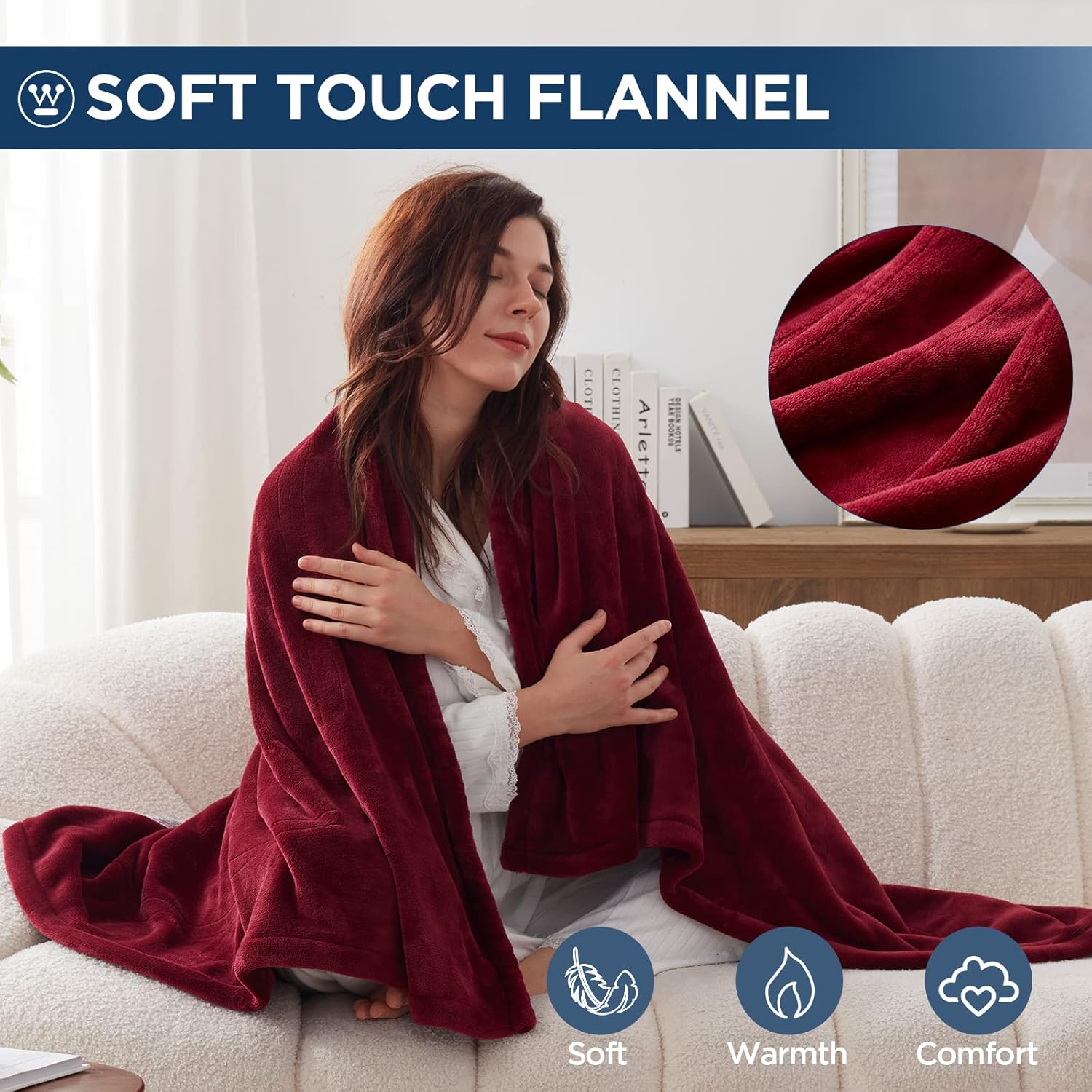 Westinghouse Electric Blanket Heated Throw, Super Cozy Soft Flannel 50"" x 60"" Heated Throw with 6 Fast Heating Levels & 2-10 Auto-Off, Machine Washable, ETL&FCC Certification, Home Office Use, Red - Image 2