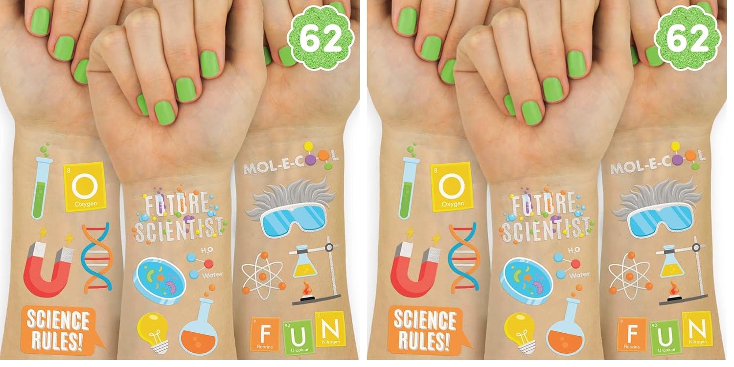xo, Fetti Science Party Temporary Tattoos - 62 Silver Foil Styles | Future Mad Scientist Birthday Party Supplies, Educational Science Favors, Scientific Arts and Crafts
