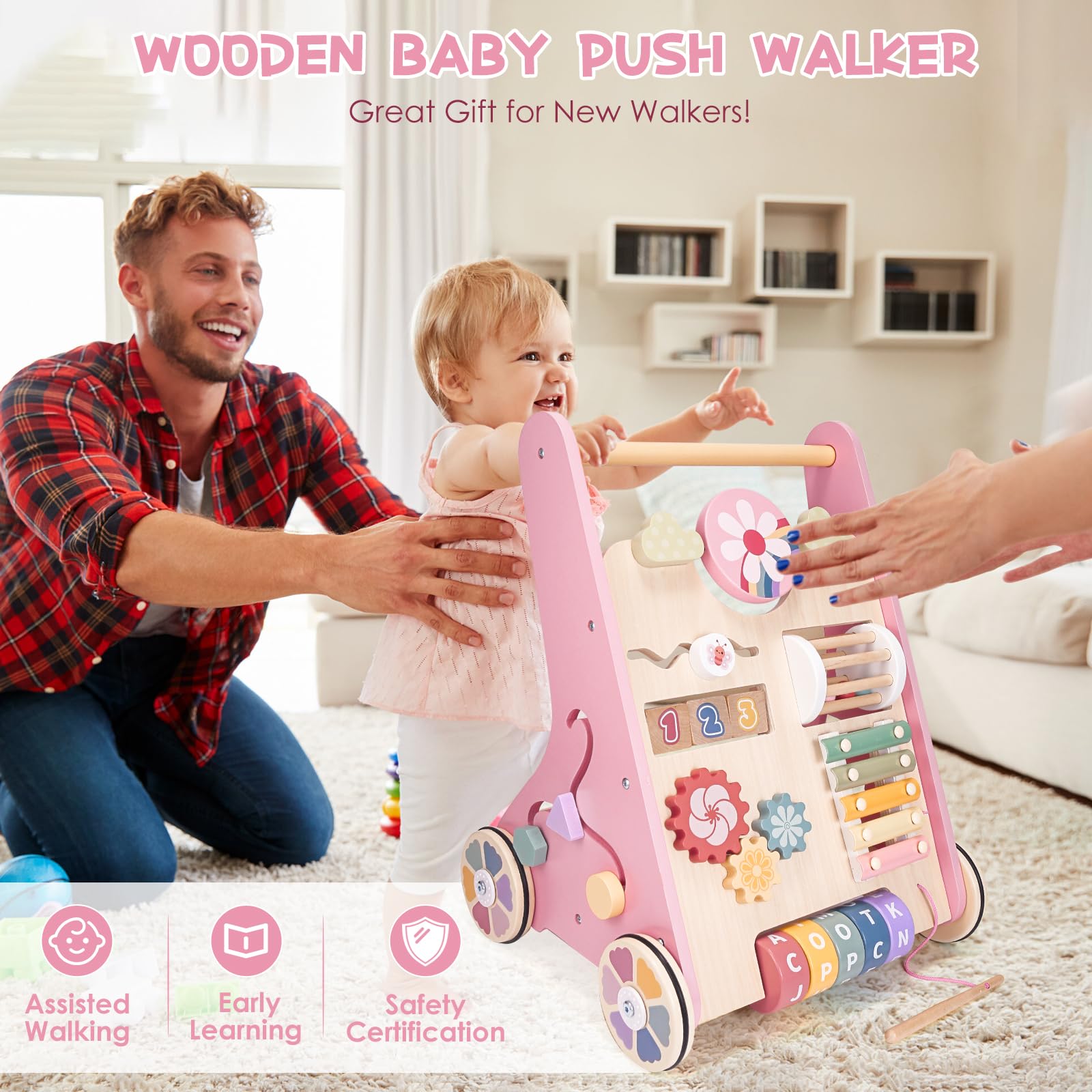 Montessori - Andador de madera para bebés, juguete para actividades de aprendizaje de empujar y tirar, andador de bebé con ruedas para niños y niñas de 1 año, juguete de empuje para niños y niñas de 1