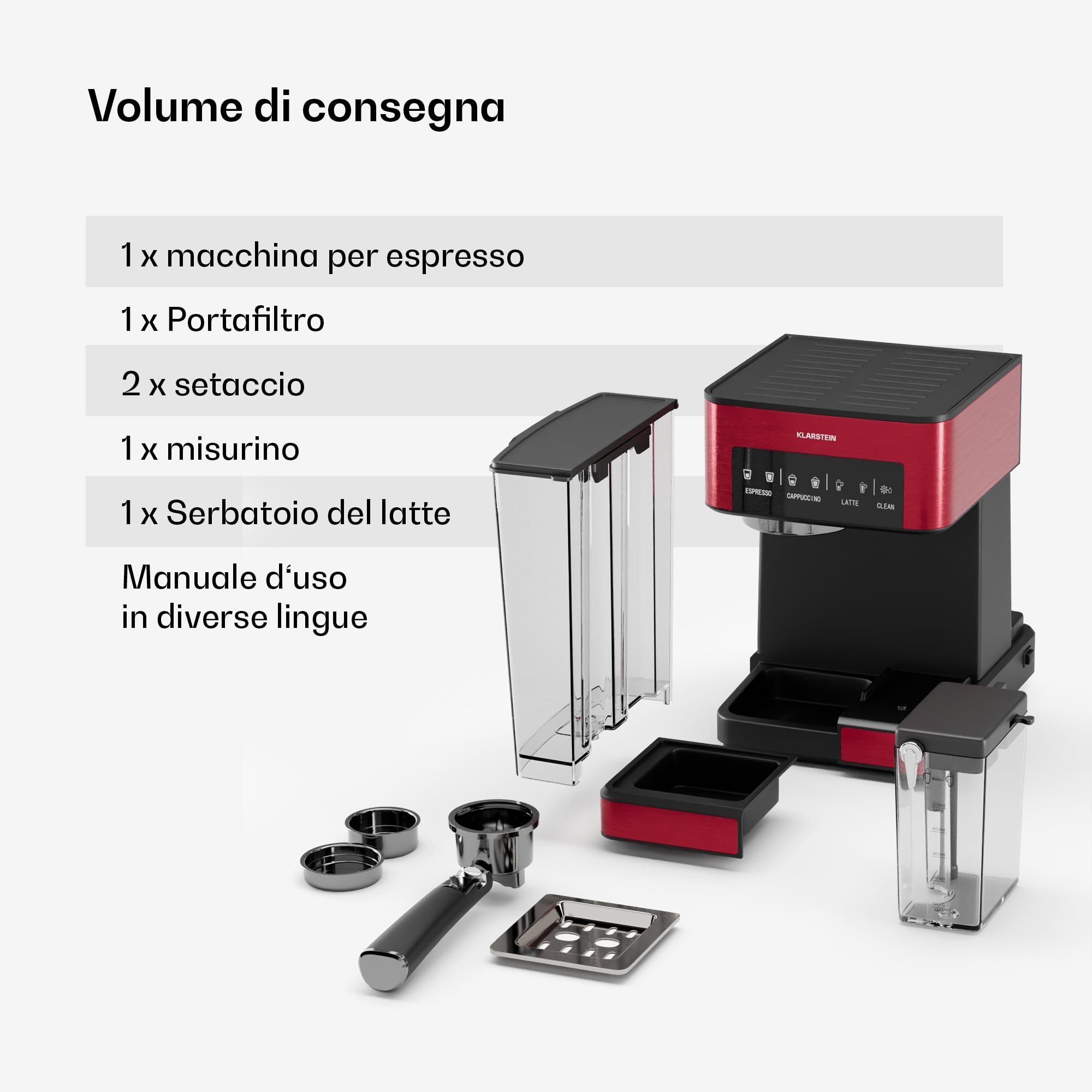 KLARSTEIN Arabica Comfort Macchina per Caffè – 20 Bar, 1350W, con Montalatte, Compatibile con Caffè Macinato & Cialde, Serbatoio 1,8L, Pannello Touch, Serbatoio Latte Rimovibile