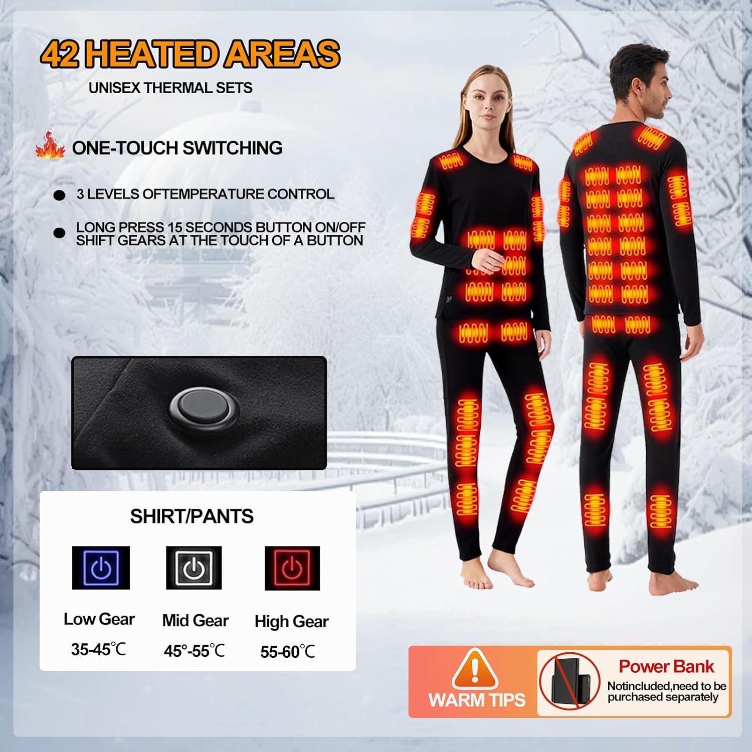 Heated Thermals Underwear Men Women: 42 Heating Zones Electric Thermal Long Johns Pants Set USB Base Layer - Image 2