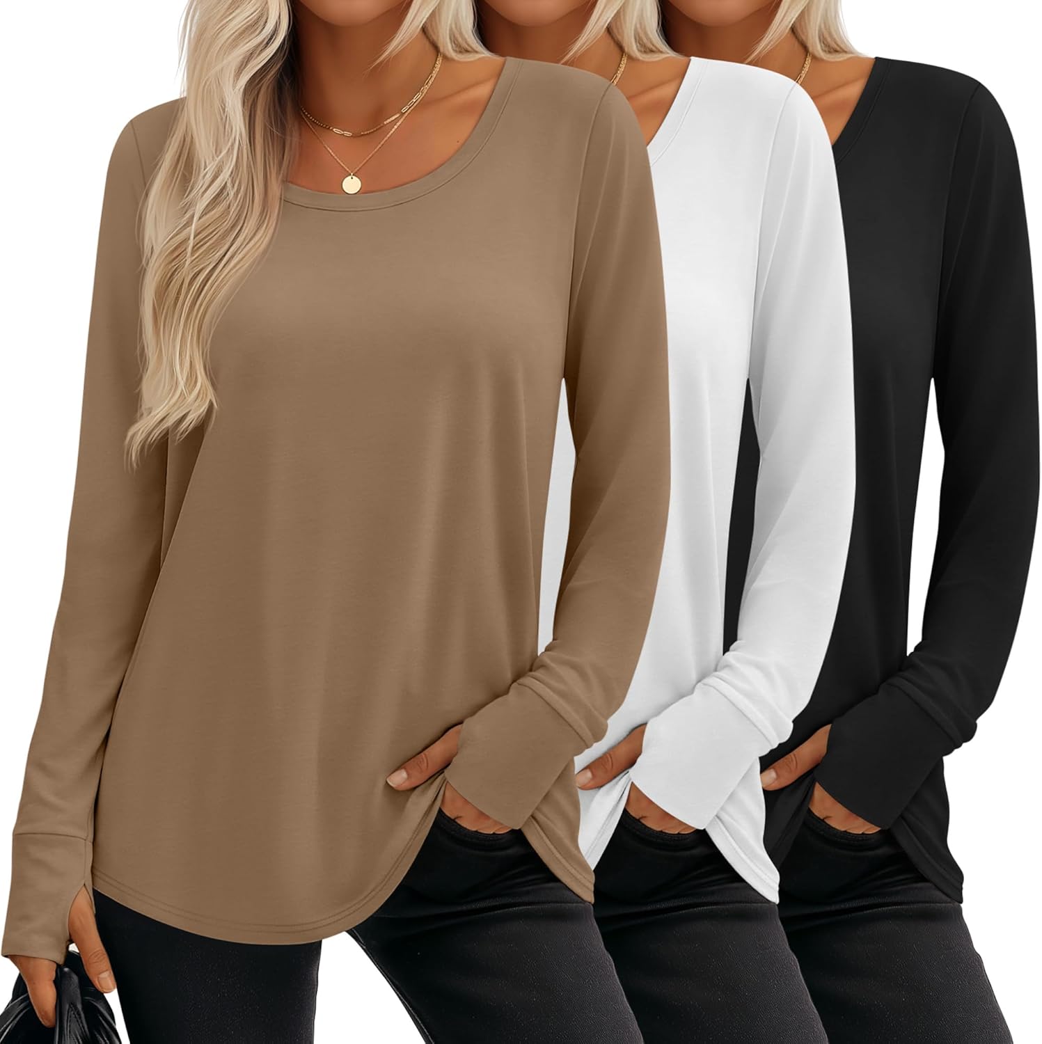 Velvelhall 3 Pack Women's Long Sleeve Tunic Tops with Thumb Holes Cotton Scoop Neck T-Shirts Casual Loose Basic Tee Blouses
