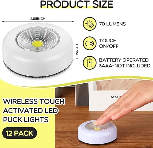 Miniatura 2 de Paquete de 12 luces de empuje de luz de grifo, luces de disco LED portátiles, luces de disco alimentadas por pilas, encendidoapagado activadas al