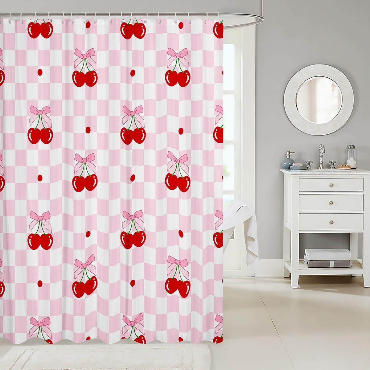 Pink Bowknot Kids Shower Curtains,Cherry Bow Tie Dot Princess Romantic Bathroom Curtains for Girls Women,Geometric Grid Plaid Patchwork Fashion Waterproof Curtains,12 Hooks Suits,72" W x 84" L