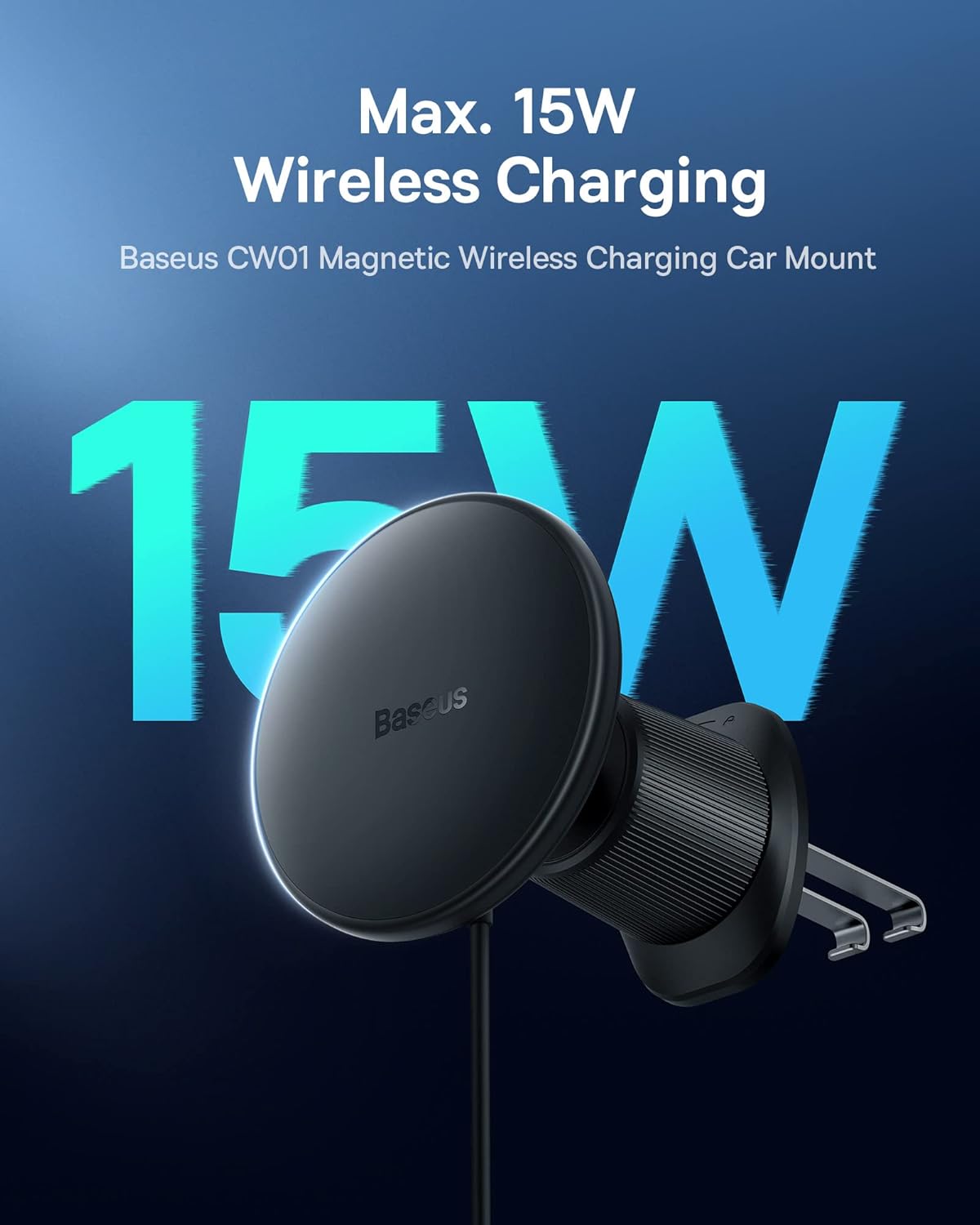 Image showing an iPhone wirelessly charging on the Baseus car mount, highlighting 15W wireless charging.