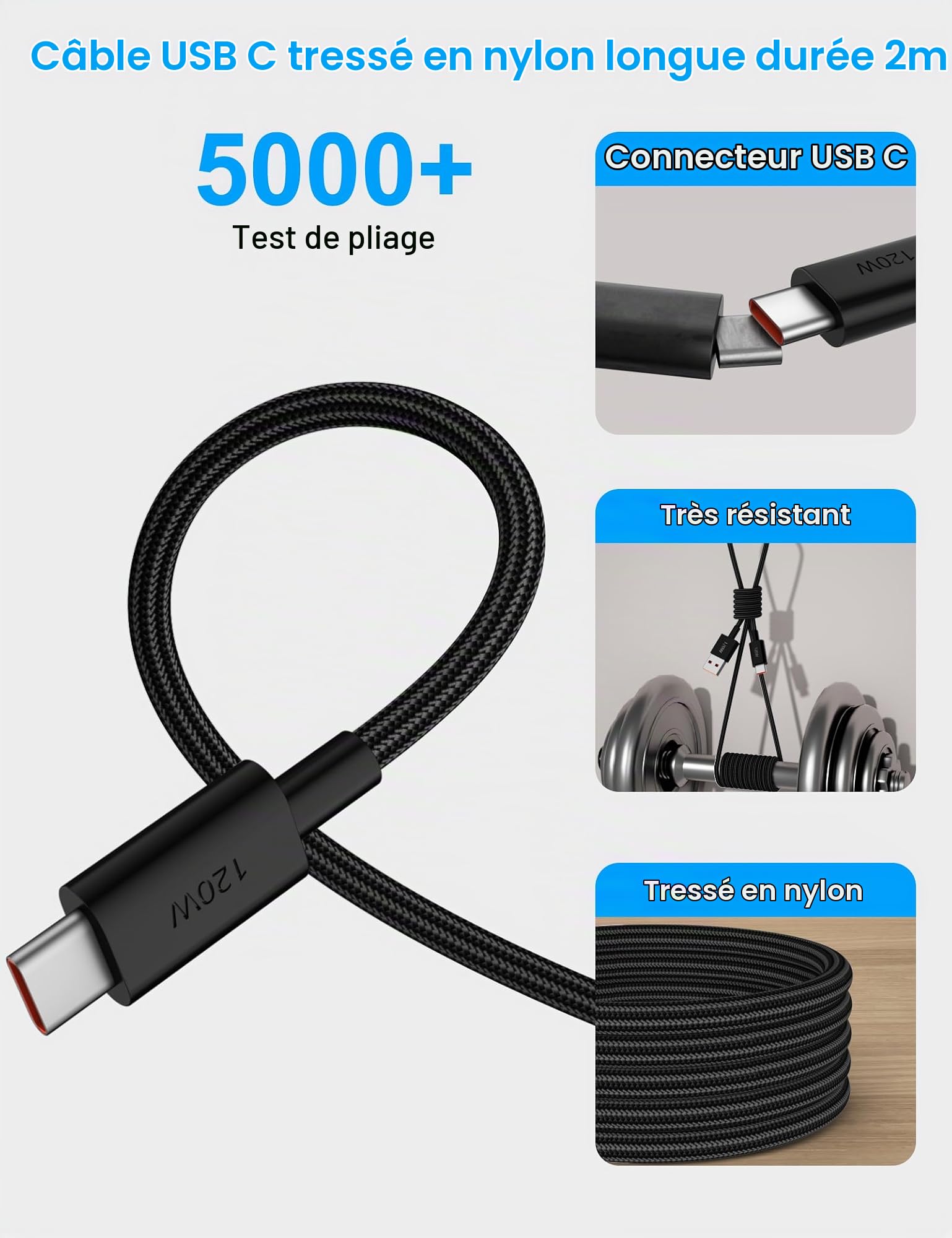 ACOCOBUY 120W 2m Tressé Câble USB A vers USB C Noir pour Xiaomi Redmi Note 15 Pro + 100W Chargeur Rapide et 2m Câble USB C pour XiaoMi 17/POCO X8 Pro Max