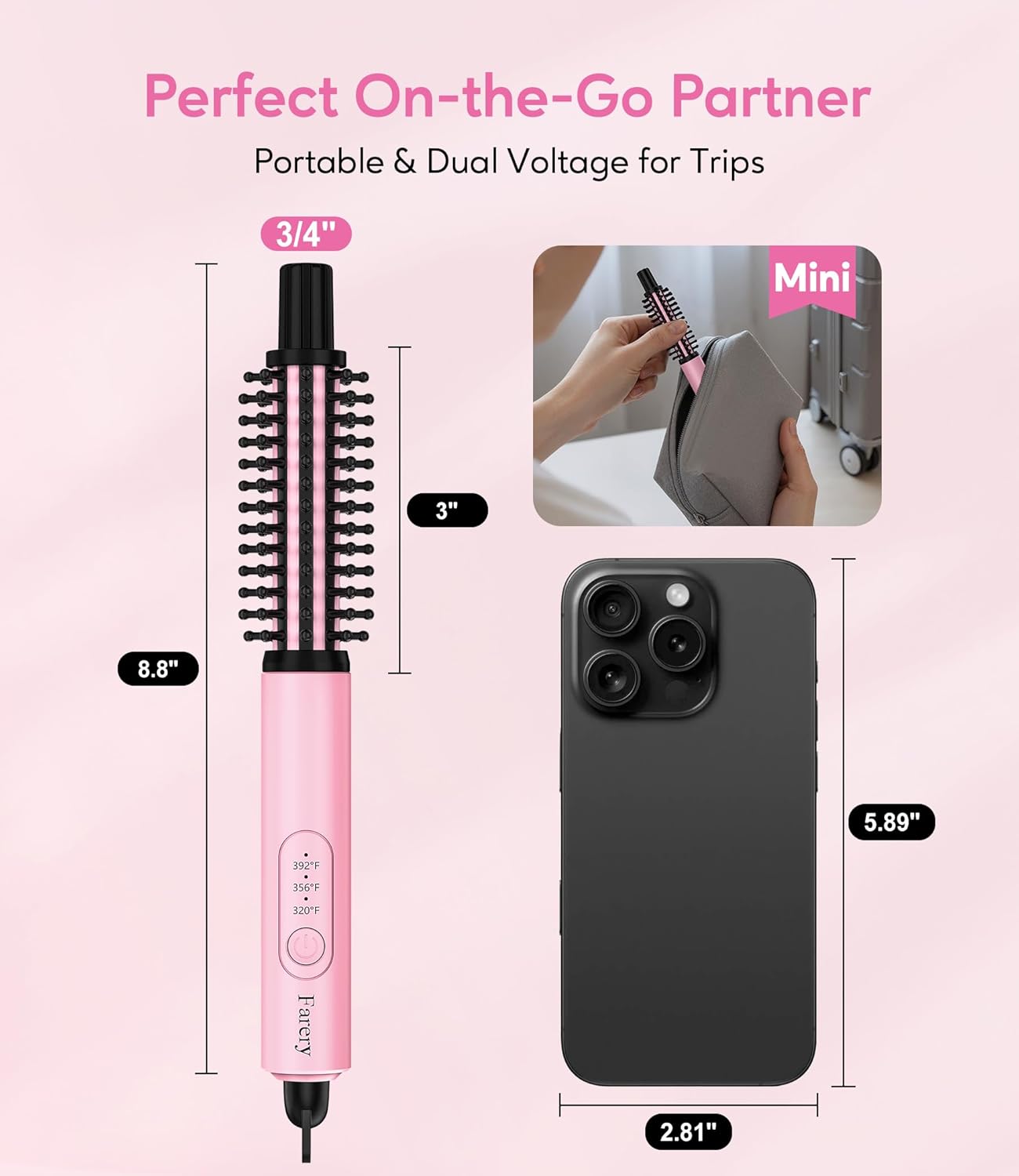 Farery Mini Thermal Brush 3 Temperature Adjustable, 3/4 Inch Travel Curling Iron for Short Hair, Heated Round Brush for Touch ups and Small Curls, Travel Size Curling Wand, Dual Voltage, Pink
