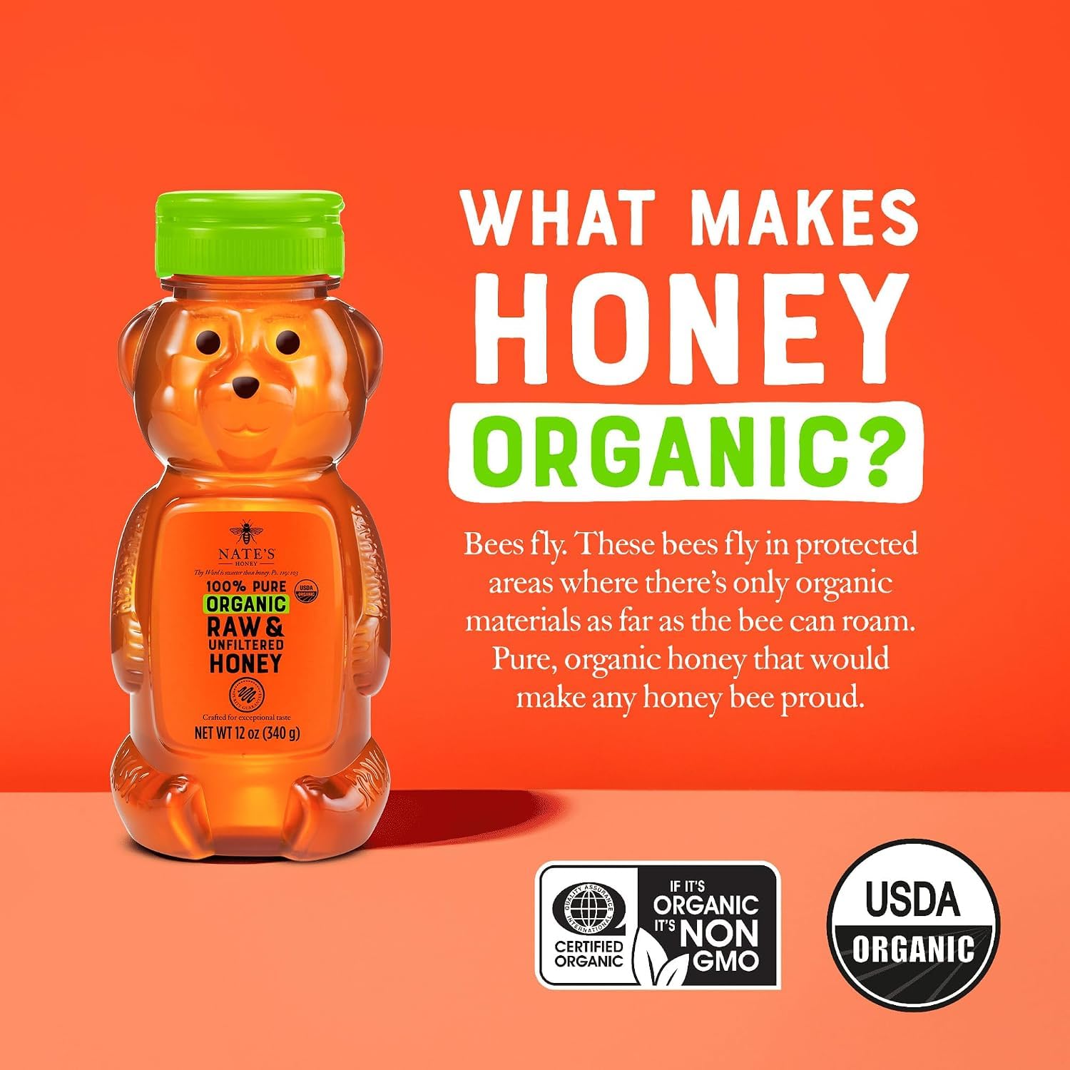 Nate's Organic 100% Pure, Raw & Unfiltered Honey - USDA Certified Organic By Savoy Impex 12 oz Squeeze Bottle 340g 2