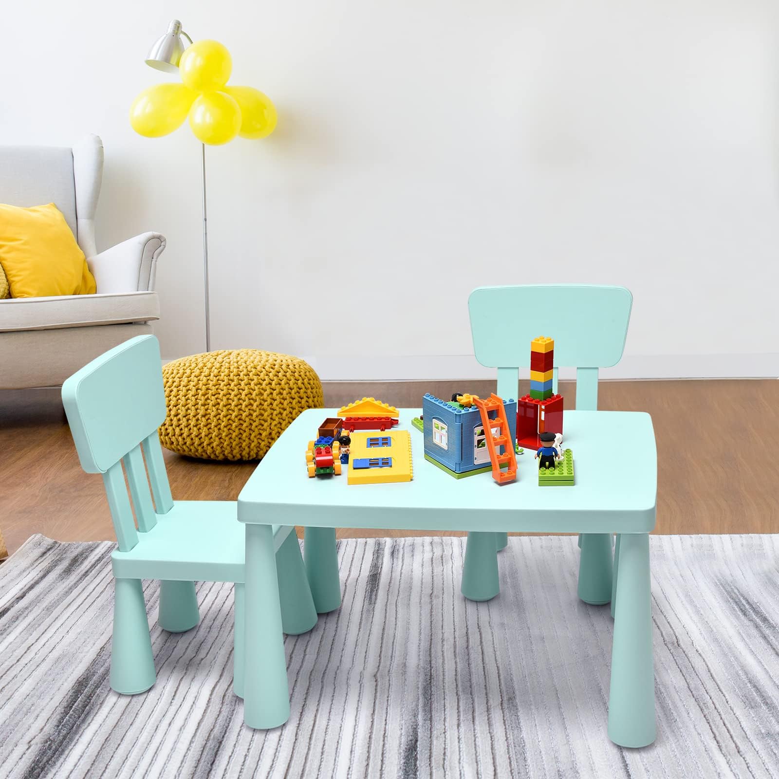 RELAX4LIFE Tavolino per Bambini con 2 Sedie in PP Atossico, Montaggio senza Attrezzo, Portata di 50 KG, Tavolo: 54,5x76,5x49,5cm, Sedie con Schienale: 36x35x66,5cm (VERDE)